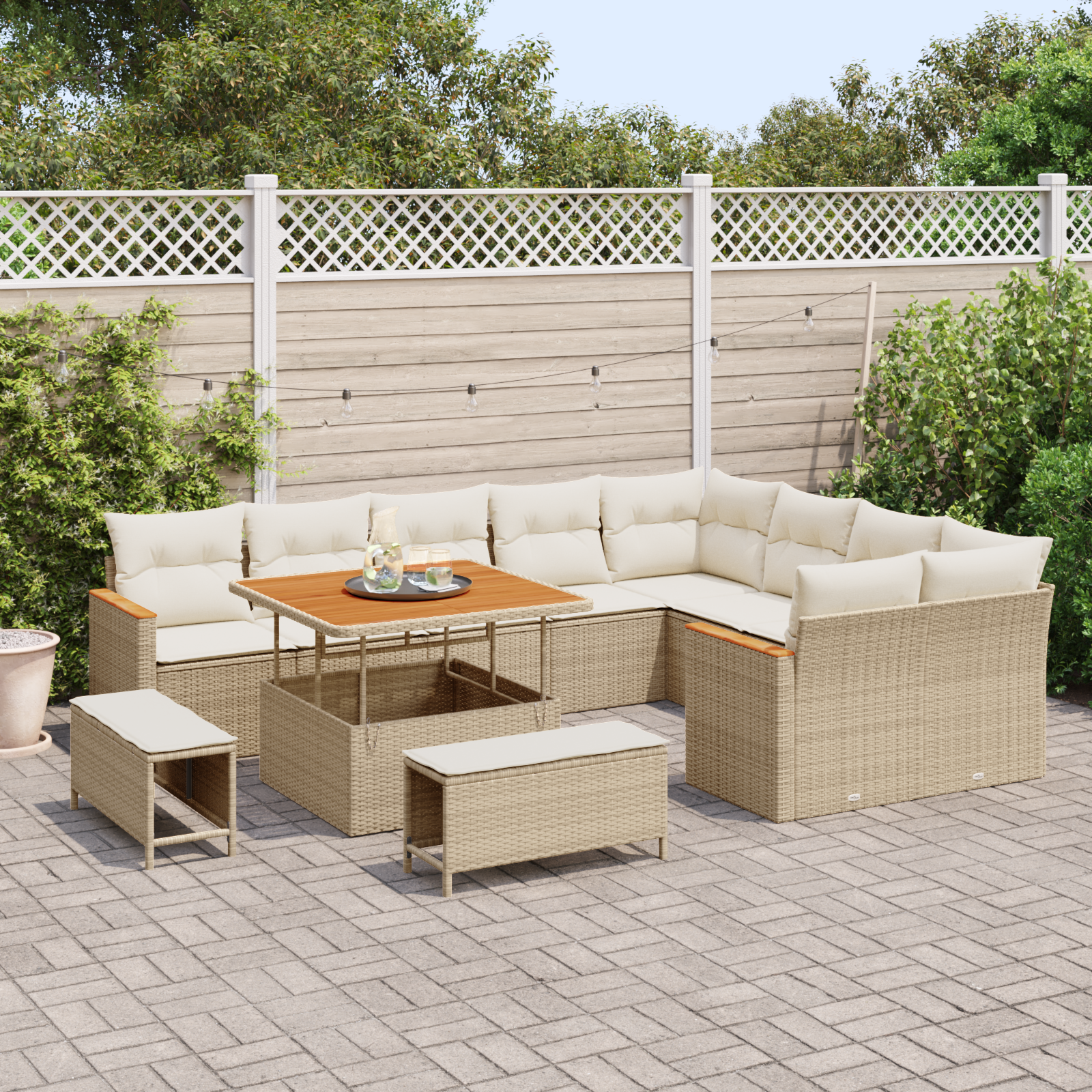 vidaXL 12-delige Tuinbankenset met kussens poly rattan acacia beige