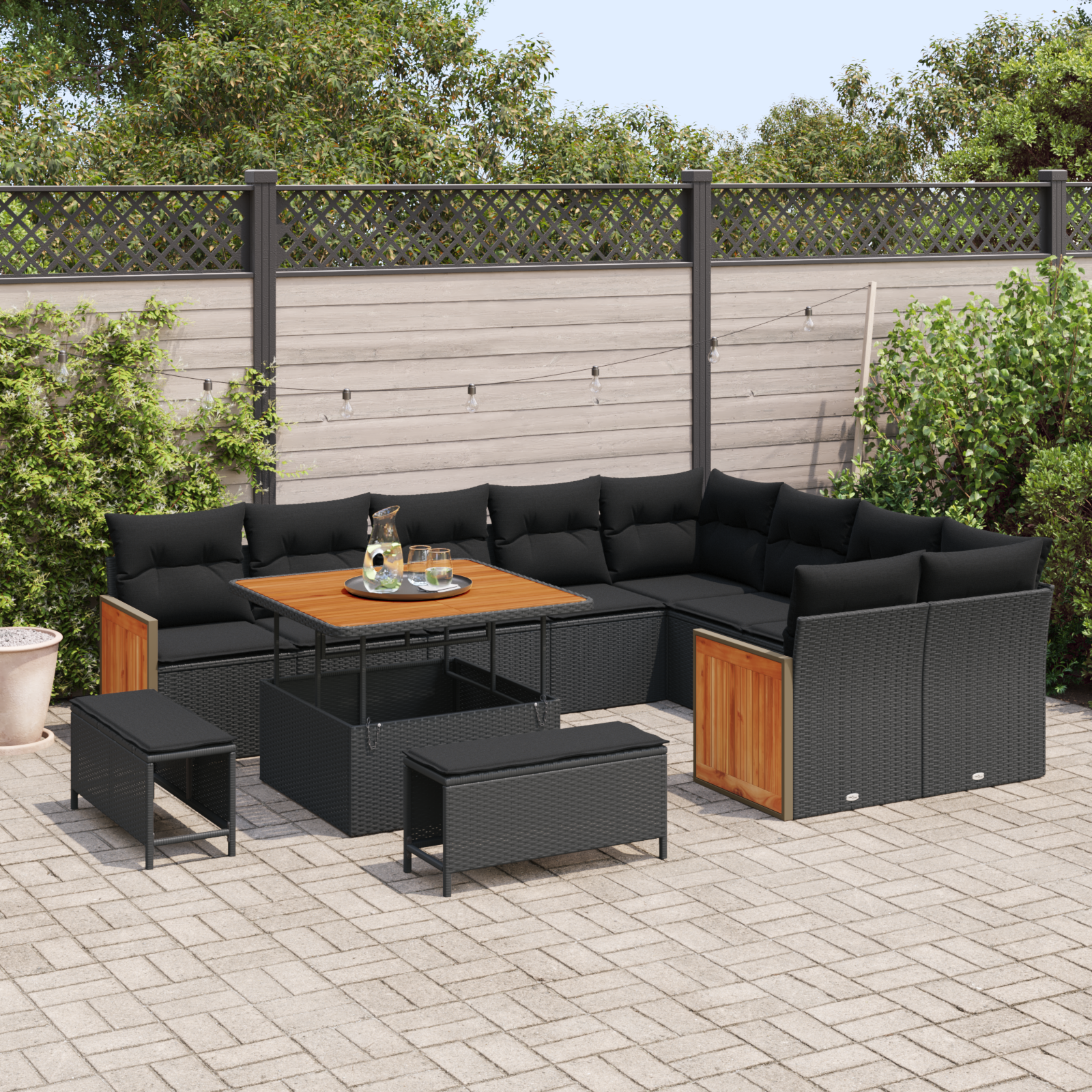 vidaXL 12-delige ligbed set met kussens zwart poly rattan acacia