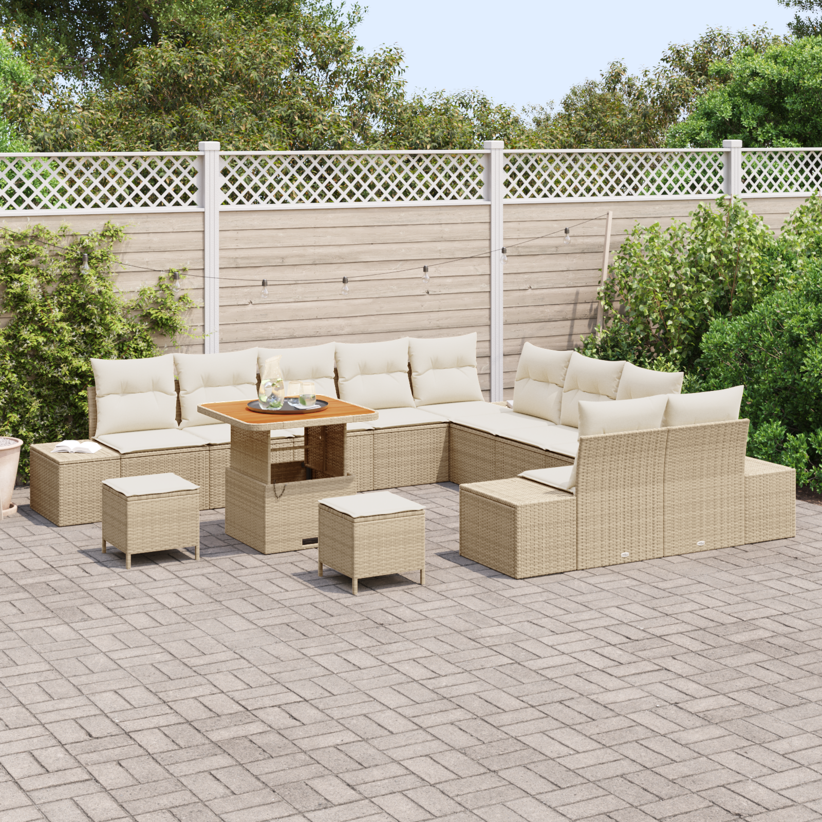 vidaXL 13-delige Tuinbankenset met kussens poly rattan acacia beige