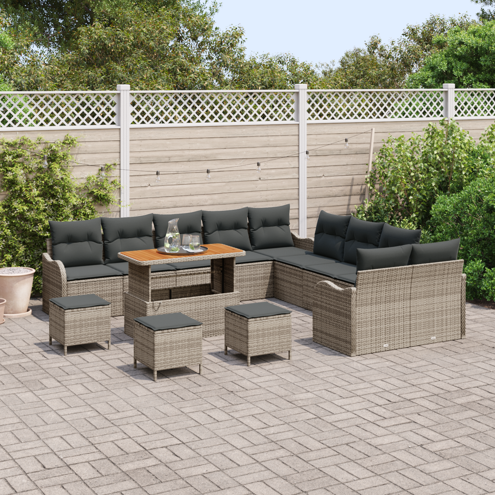 vidaXL 14-delige Tuinbankenset met kussens poly rattan acacia grijs