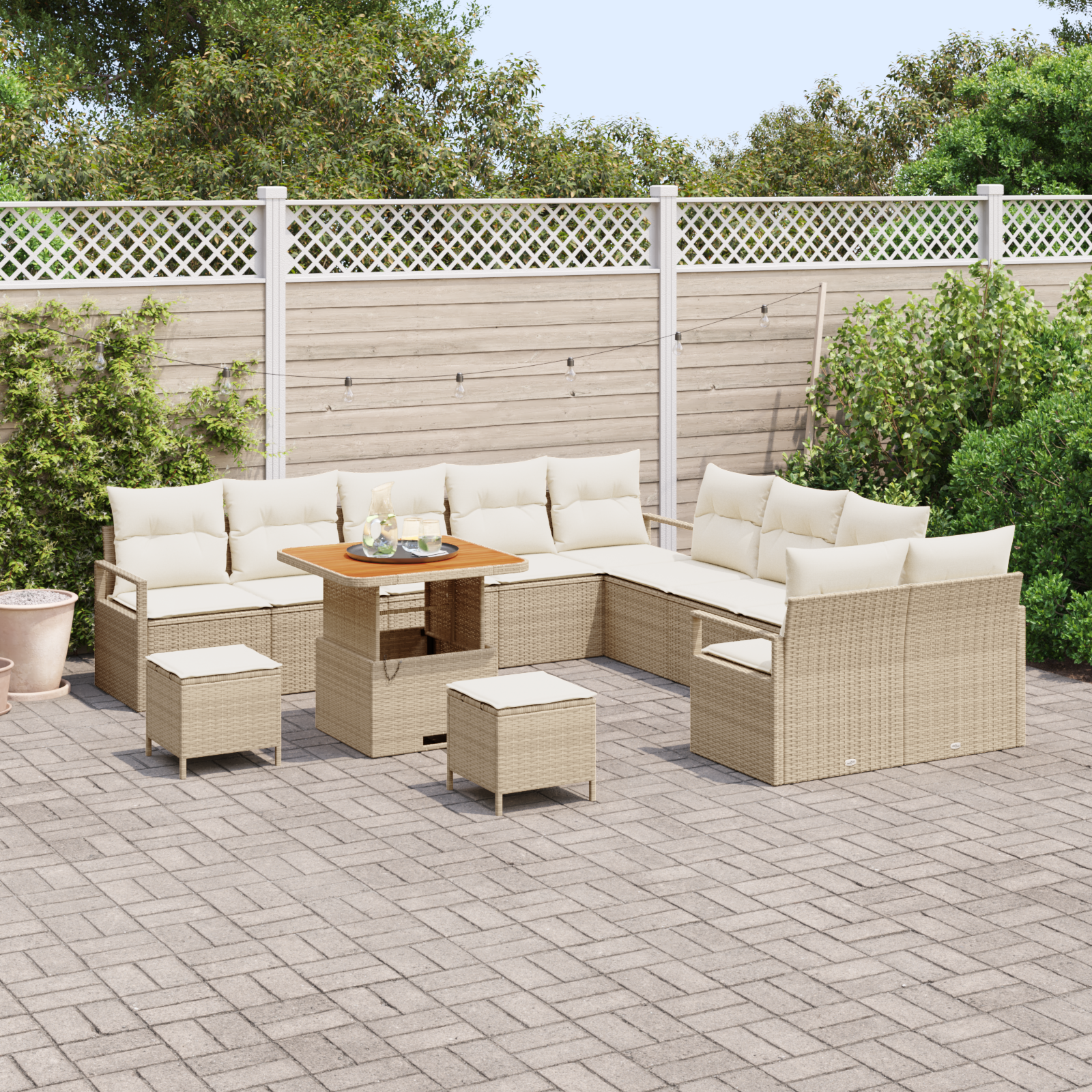 vidaXL 13-delige Tuinbankenset met kussens poly rattan acacia beige