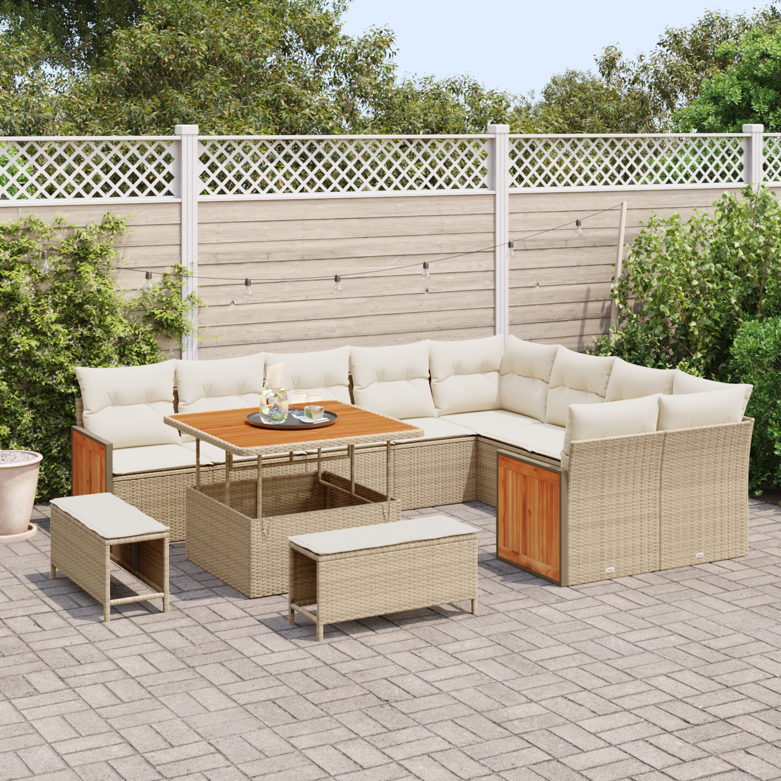 vidaXL 12-delige tuinset met kussens in beige poly rattan en acacia