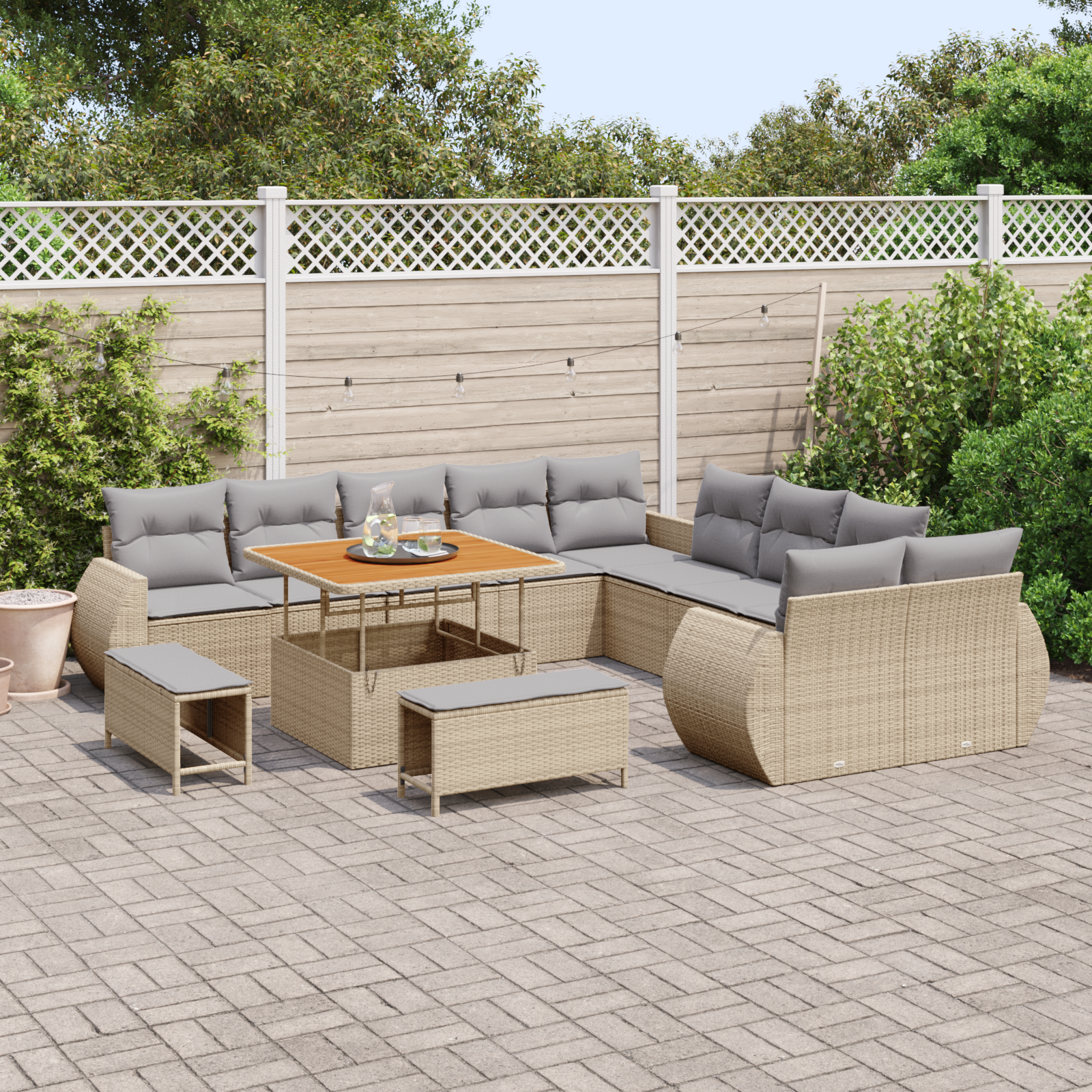 vidaXL 13-delige Tuinbankenset met kussens poly rattan acacia beige