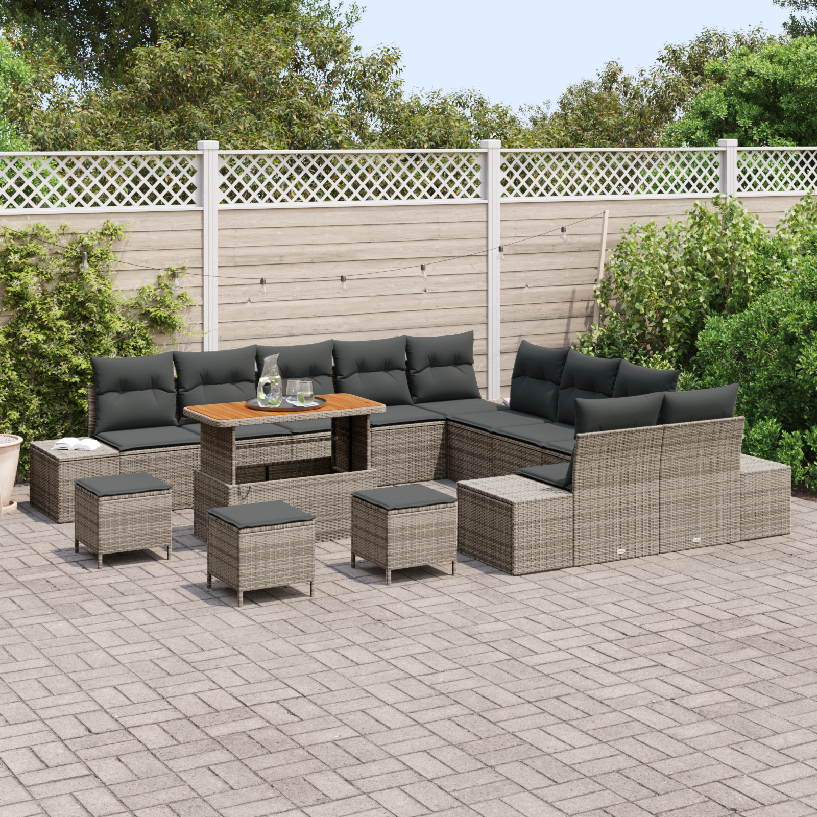 vidaXL 14-delige Tuinbankenset met kussens poly rattan acacia grijs