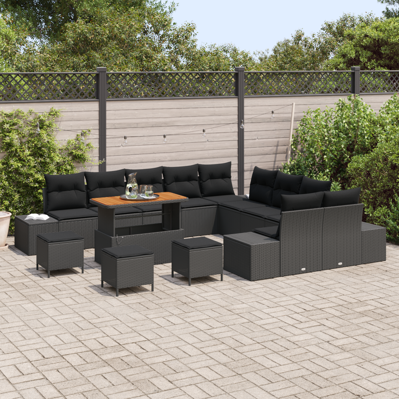 vidaXL 14-delige Tuinbankenset met kussens poly rattan acacia zwart