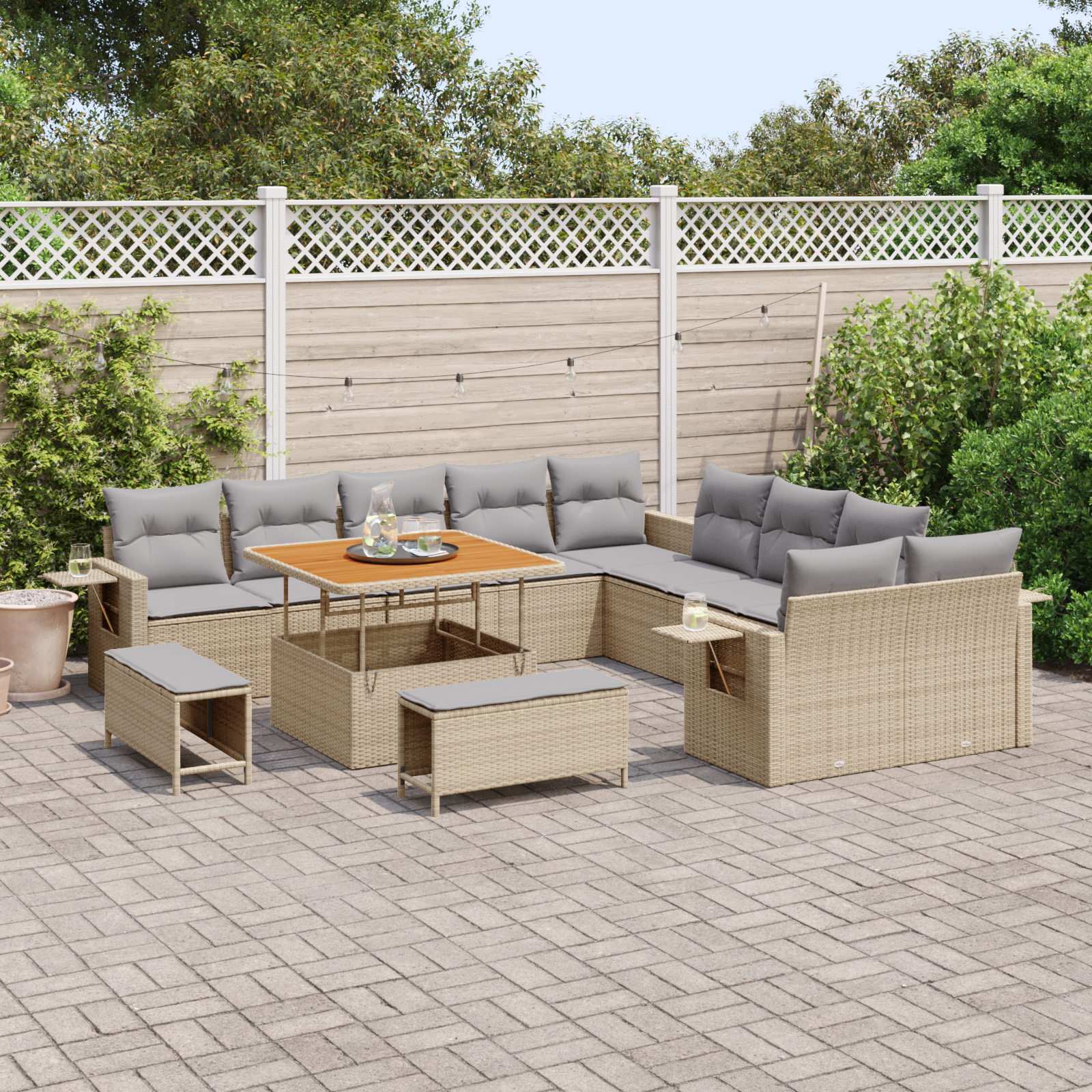 vidaXL 13-delige Tuinbankenset met kussens poly rattan acacia beige