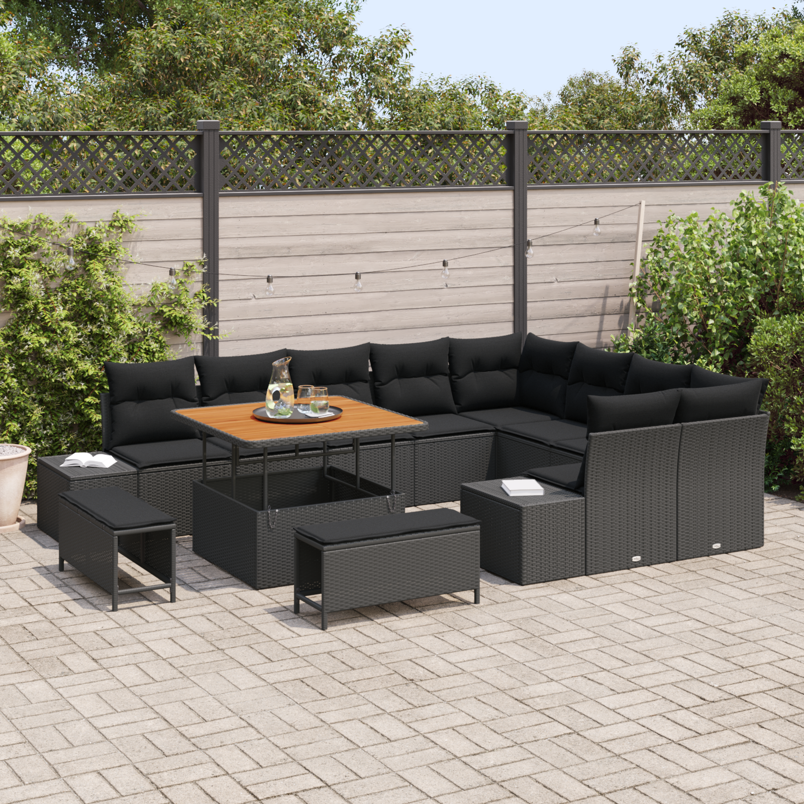 vidaXL 12-delige Tuinbankenset met kussens poly rattan acacia zwart