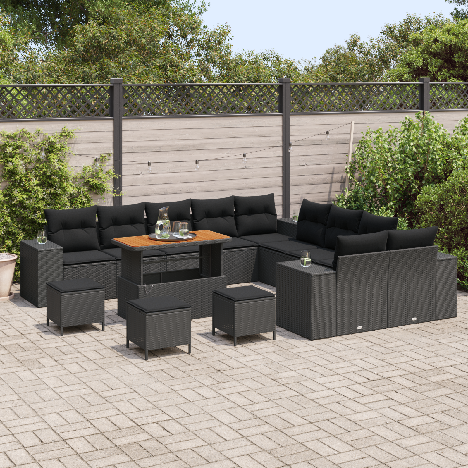 vidaXL 14-delige tuinbankset met kussens - zwart poly rattan, acacia