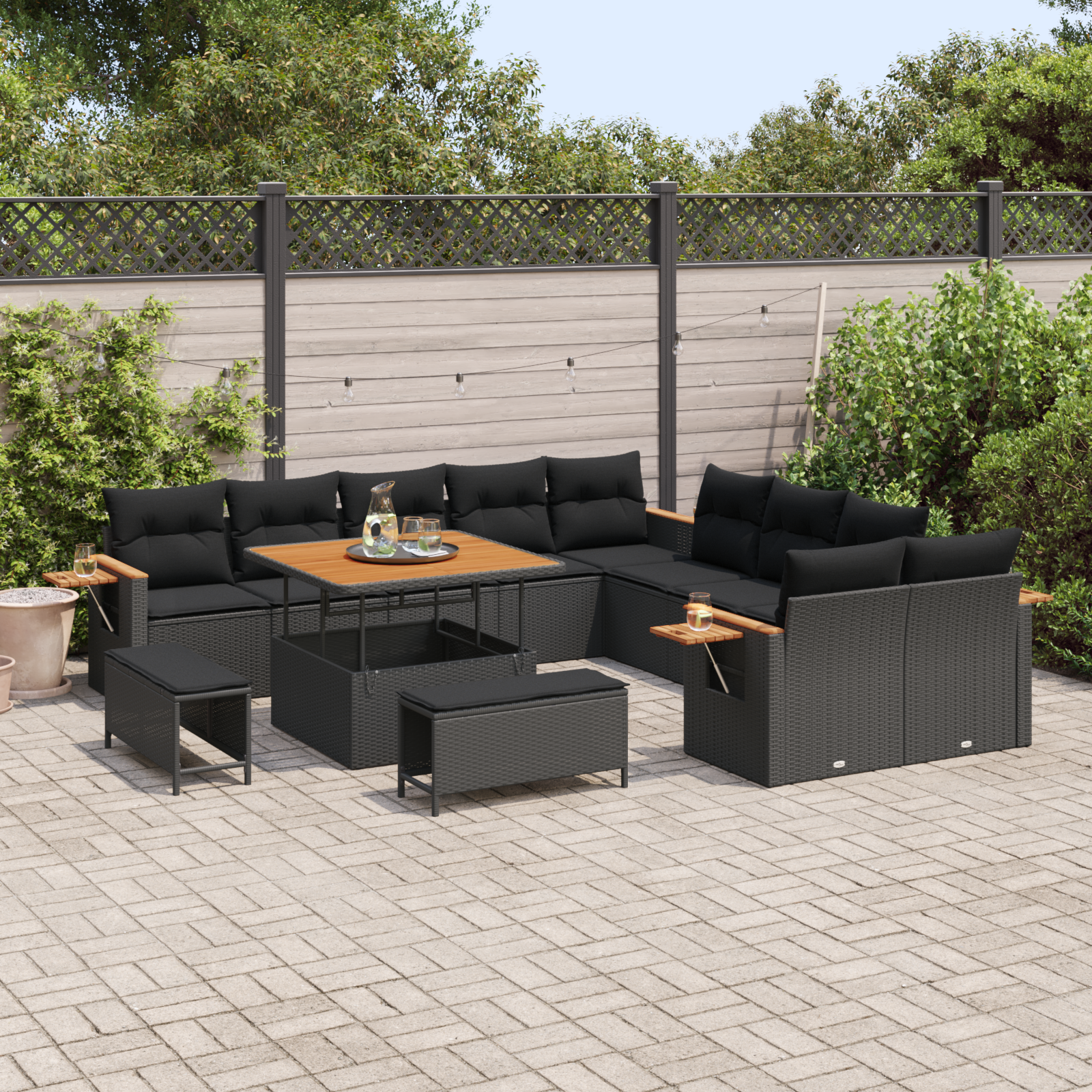 vidaXL 13-delige Tuinbankenset met kussens poly rattan acacia zwart