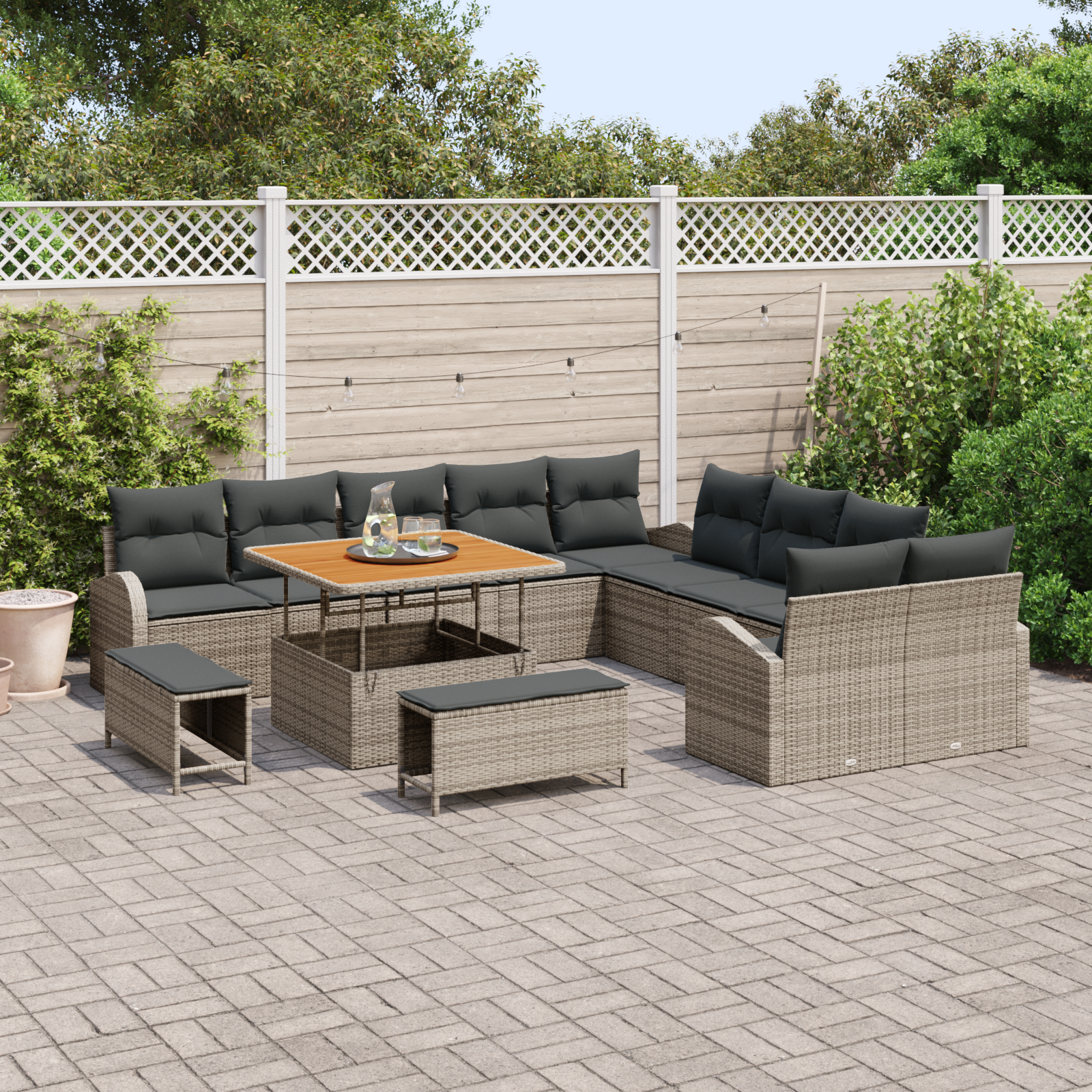 vidaXL 13-delige Tuinbankenset met kussens poly rattan acacia grijs
