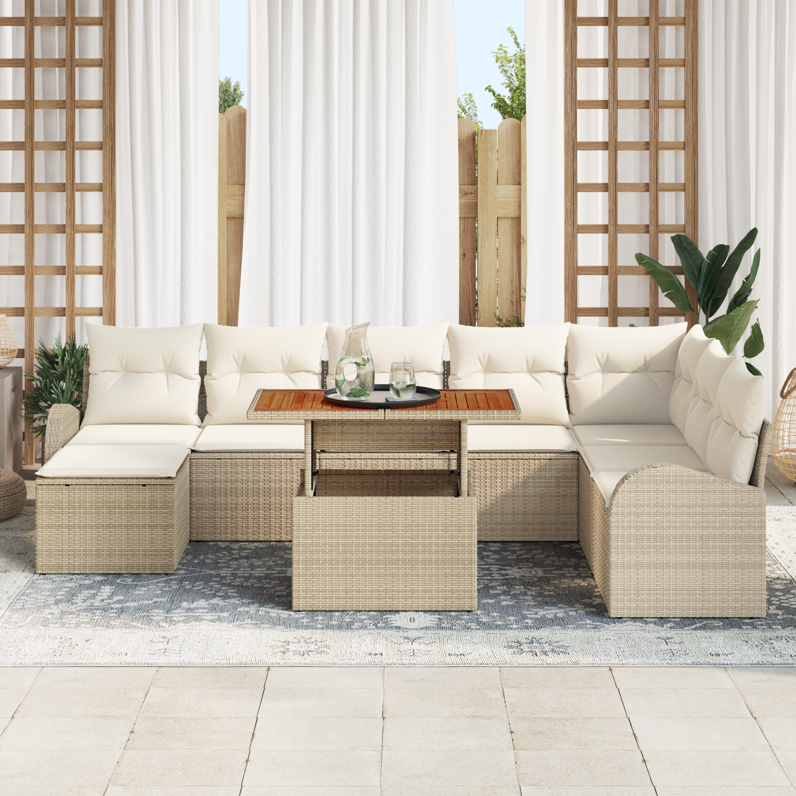 vidaXL 9-delige tuin eetset met kussens beige poly rattan acacia