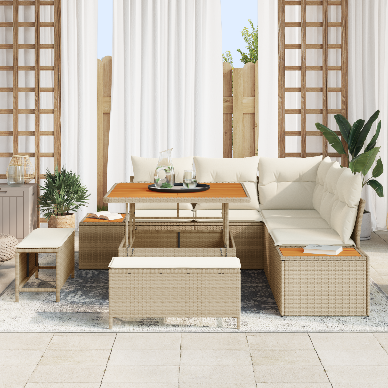 vidaXL 8-delige tuinset met kussens Beige Poly Rattan Acacia