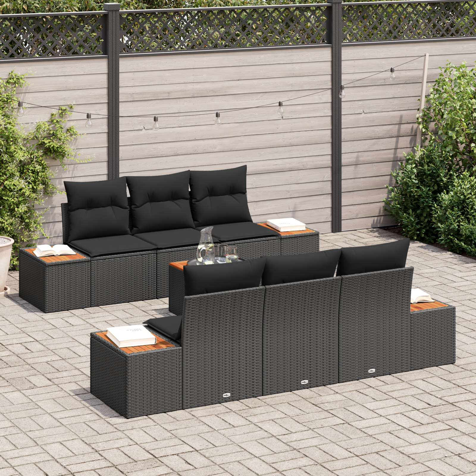 vidaXL 7-delige tuinset met kussens in zwart poly rattan en acacia