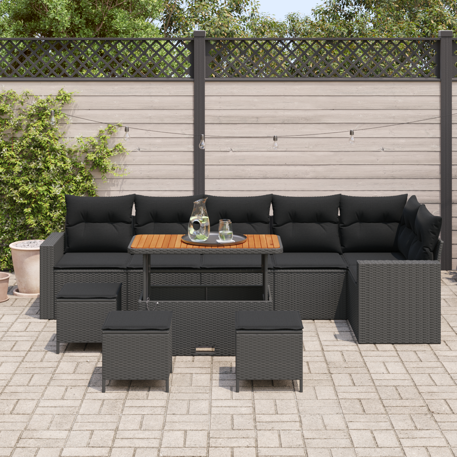 vidaXL 10-delige Tuinbankenset met kussens poly rattan acacia zwart