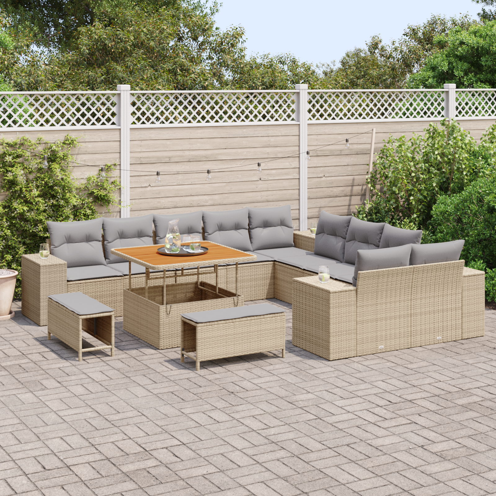 vidaXL 13-delige tuinset met kussens - beige poly rattan en acacia