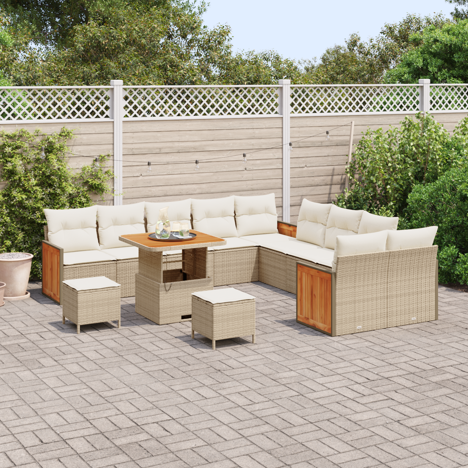 vidaXL 13-delige tuinbankset met kussens beige poly rattan acacia