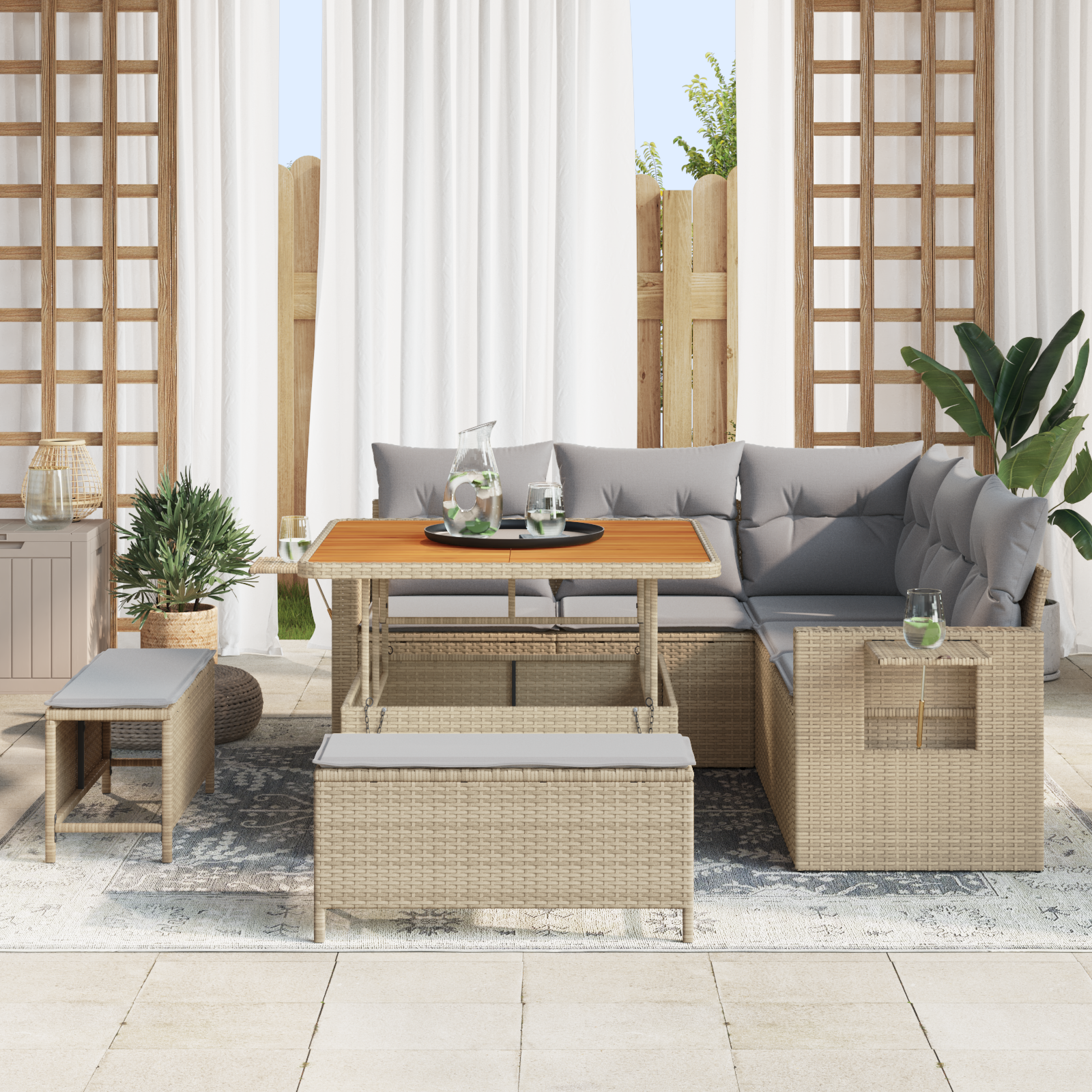 vidaXL 8-delige Tuinbankenset met kussens poly rattan acacia beige