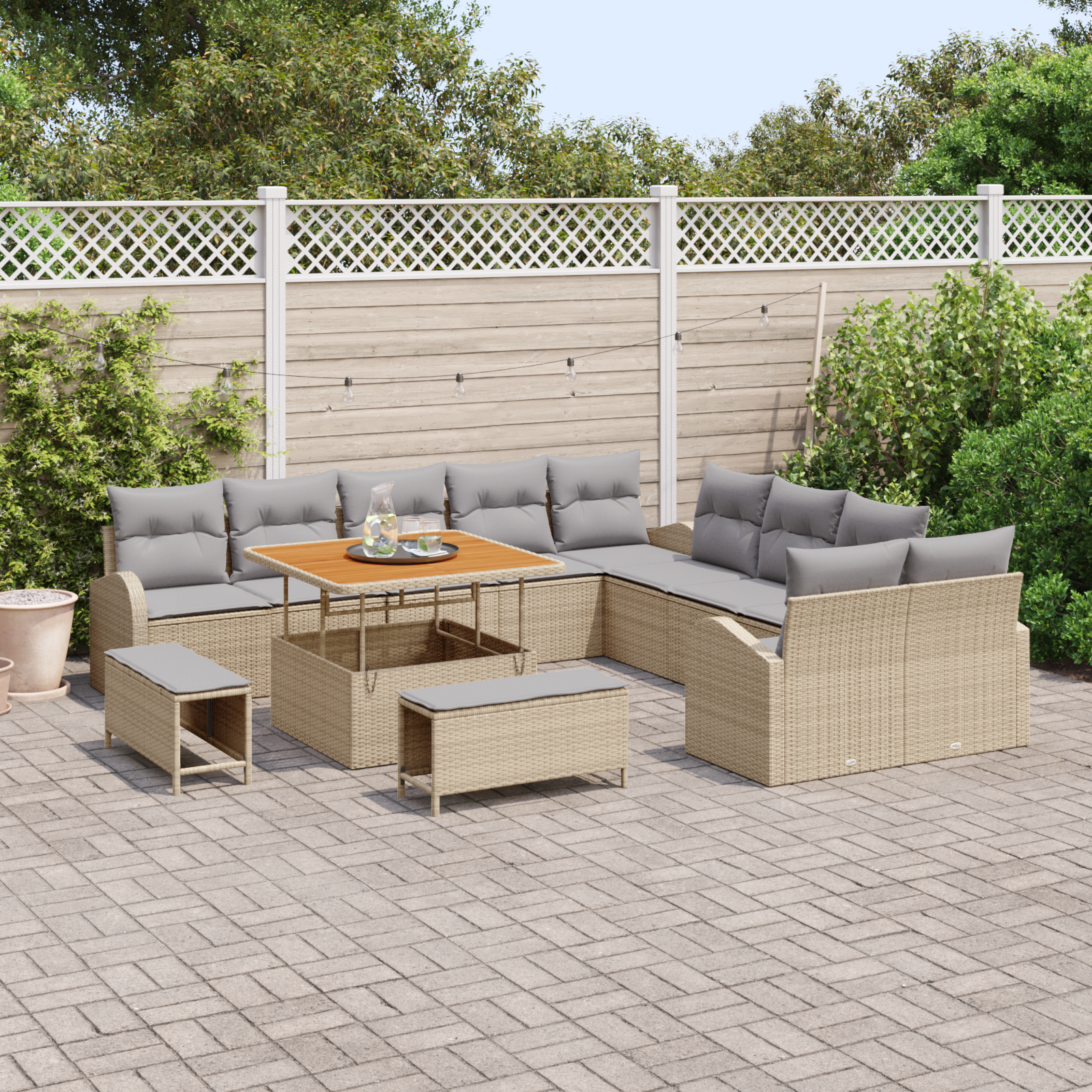 vidaXL 13-delige Tuinbankenset Met kussens poly rattan acacia beige