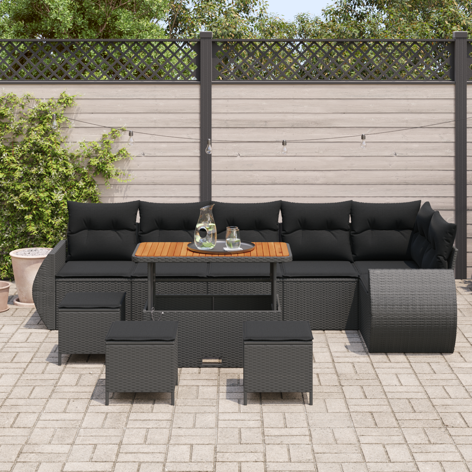 vidaXL 10-delige Tuinbankenset met kussens poly rattan acacia zwart