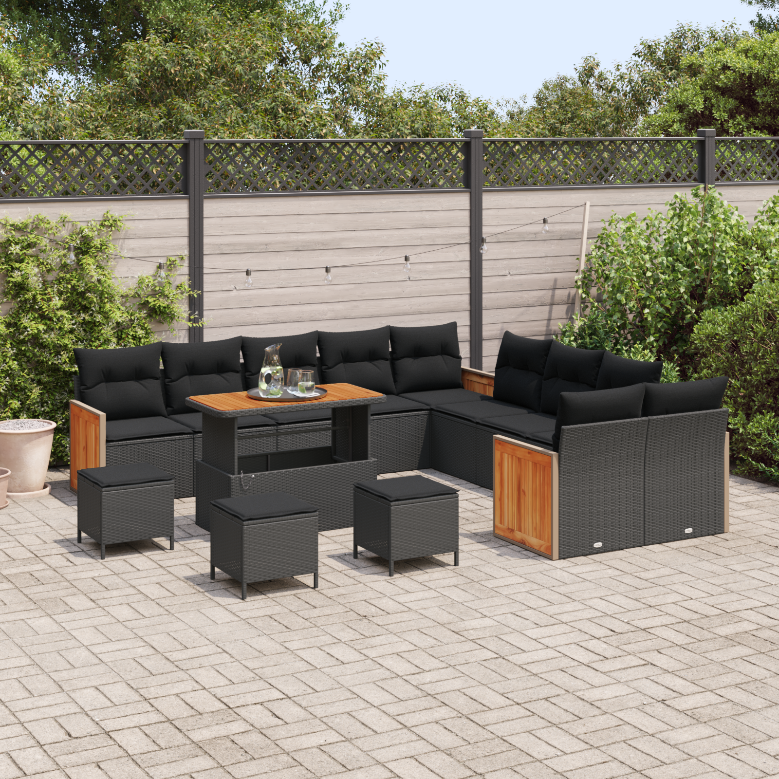 vidaXL 14-delige Tuinsofa Set met Kussens Zwart Poly Rattan Acacia