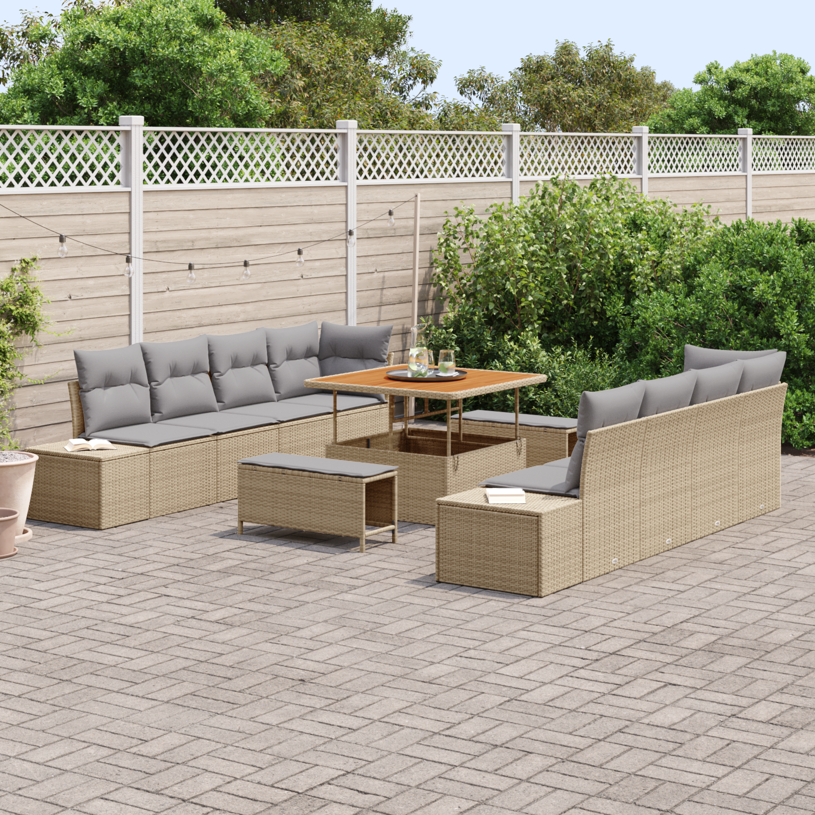 vidaXL 11-delige tuinset met kussens in beige poly rattan en acacia