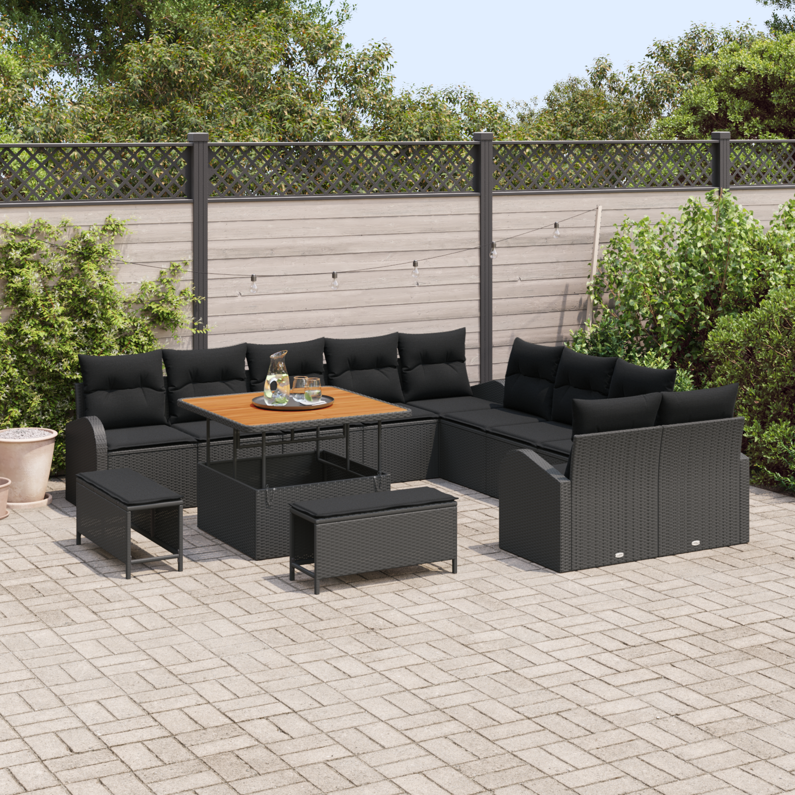 vidaXL 13-delige Tuinbankenset met kussens poly rattan acacia zwart