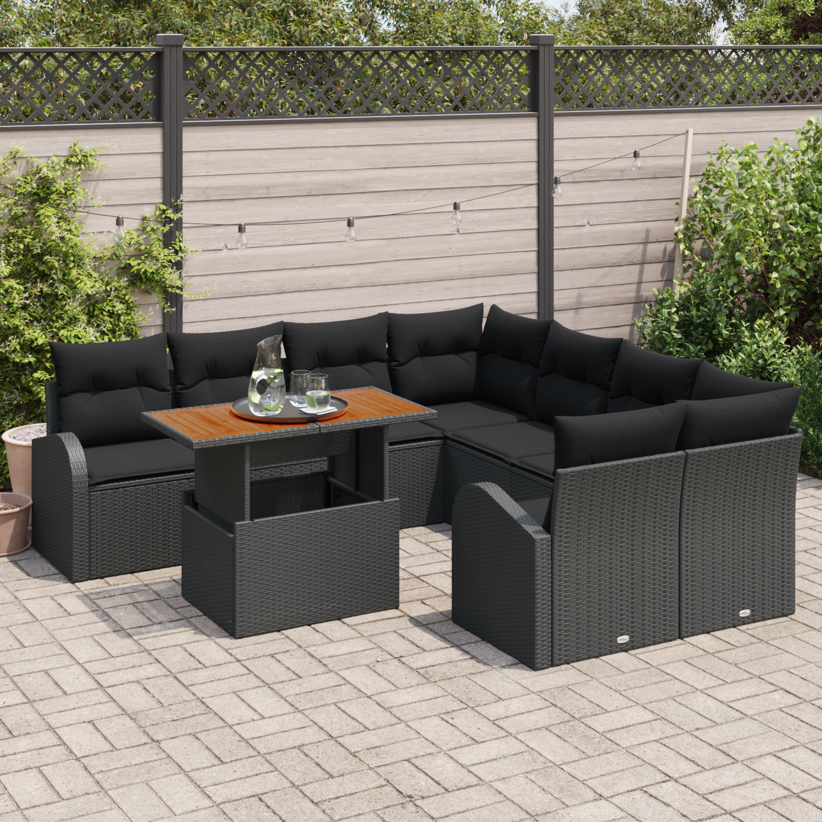 vidaXL 9-delige Tuinset met Kussens Zwart Poly Rattan Acacia