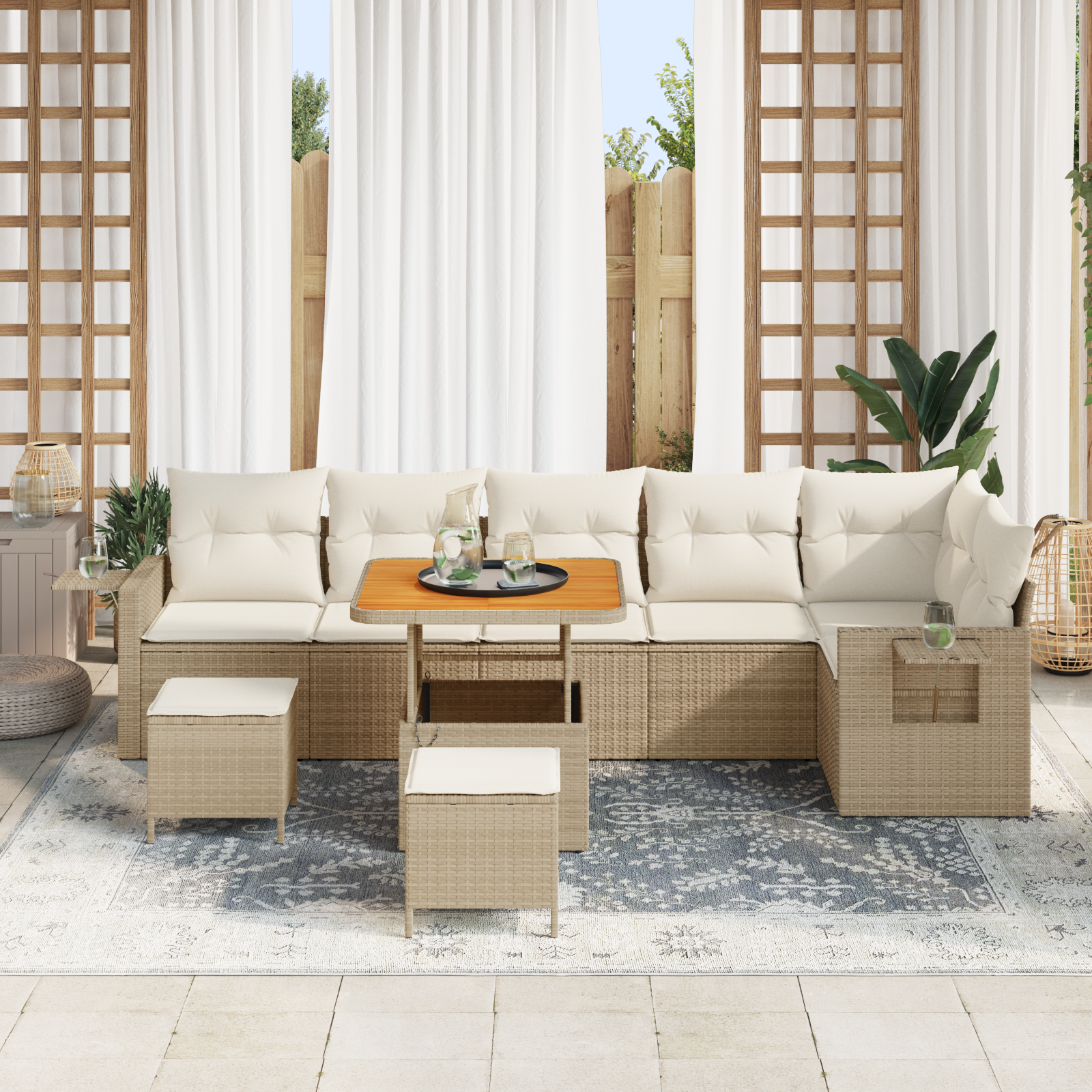 vidaXL 9-delige Tuinbank Set met Kussens Beige Poly Riet Acacia