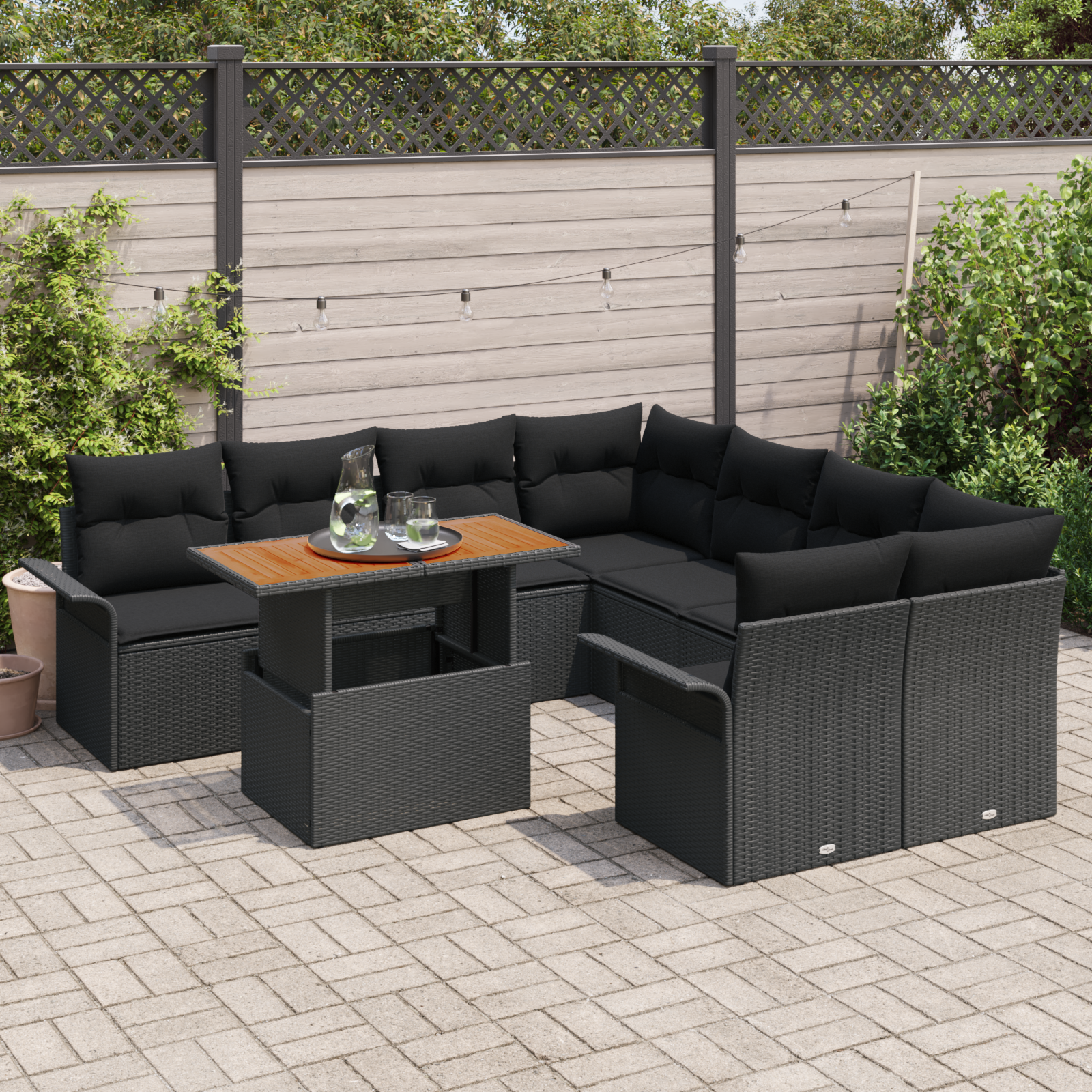 vidaXL 9-delige Tuinbankenset met kussens poly rattan acaciahout zwart