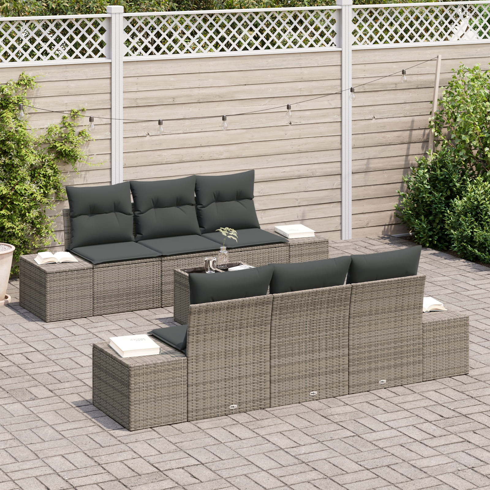 vidaXL 7-delige tuinset met kussens Grijs Poly Rattan