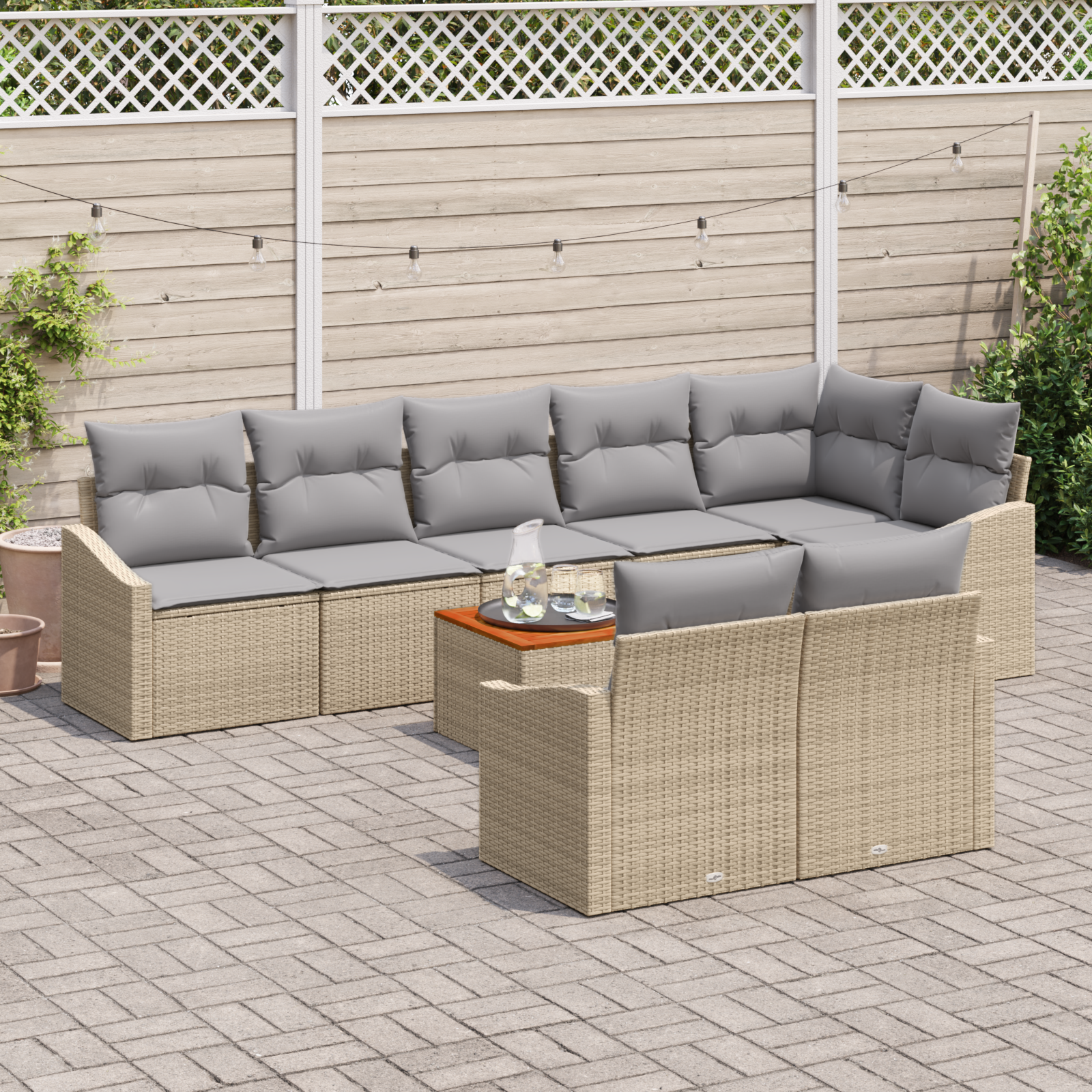 vidaXL 9-delige Tuinbankenset met kussens poly rattan acaciahout beige