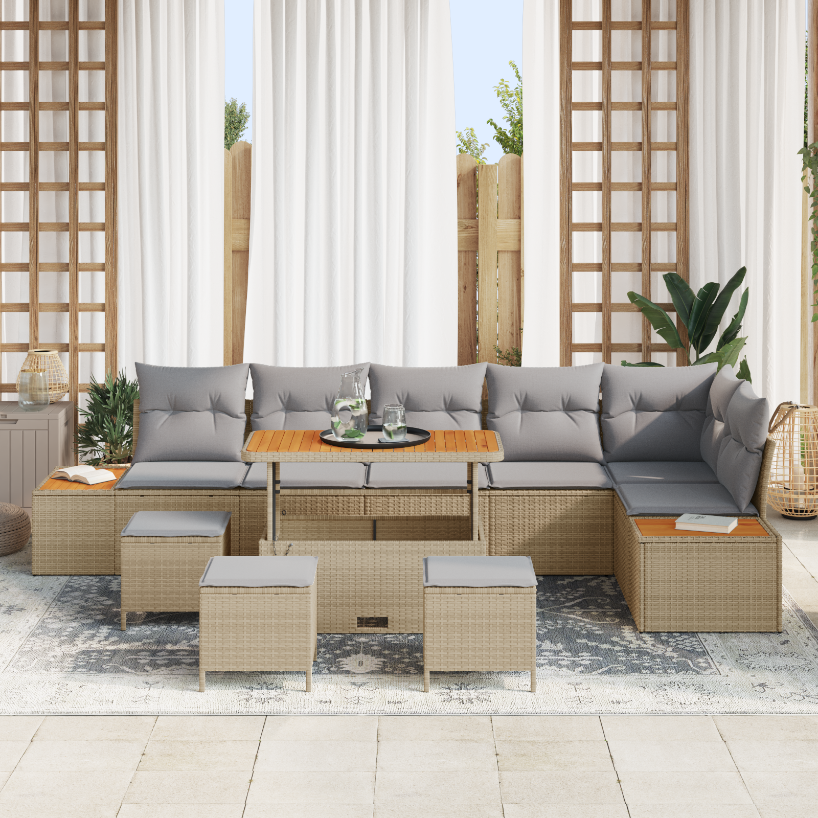 vidaXL 10-delige Tuinbankenset met kussens poly rattan acacia beige