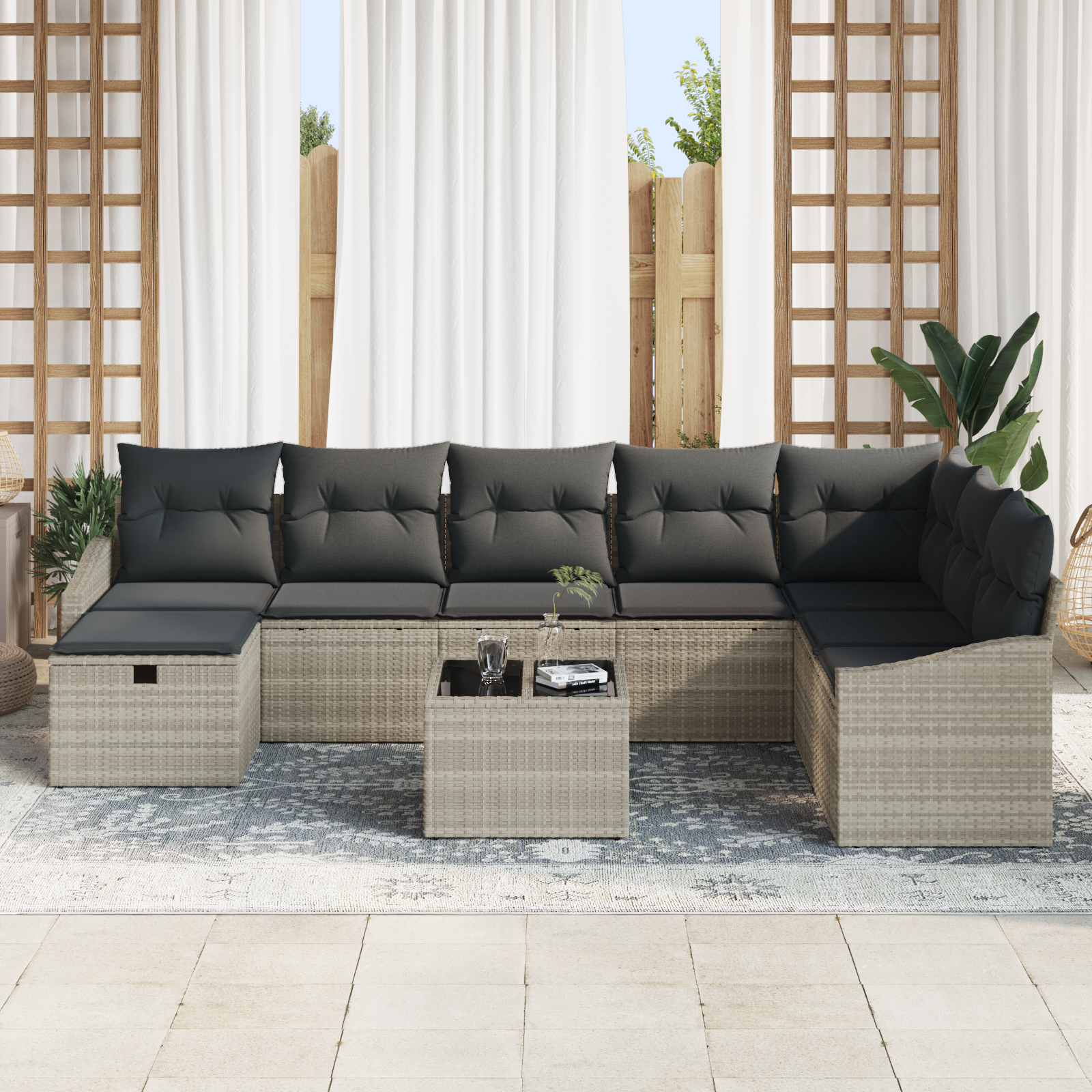 vidaXL 9-delige Tuinbankenset met kussens poly rattan lichtgrijs