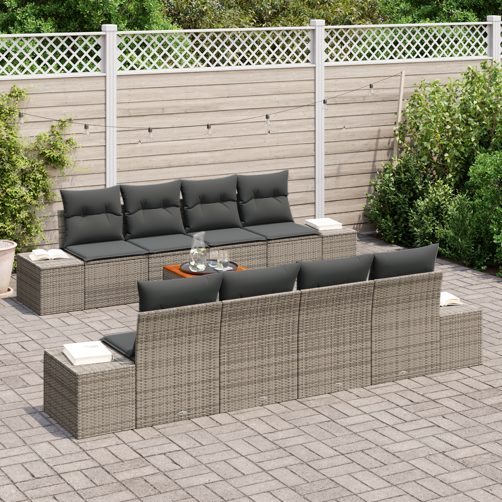 vidaXL 9-delige Tuinbankenset met kussens poly rattan acaciahout grijs