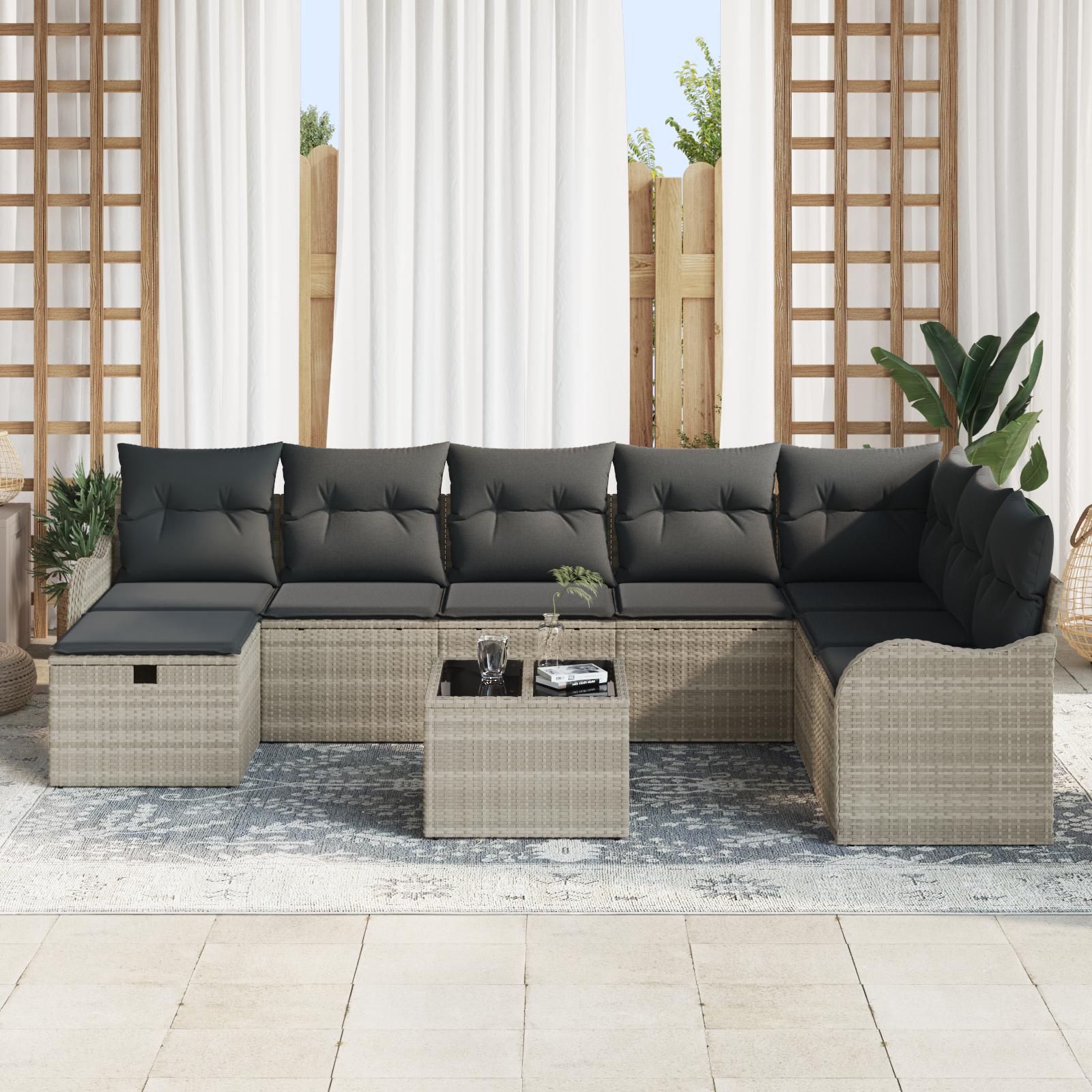 vidaXL 9-delige tuinset met kussens lichtgrijs poly rattan