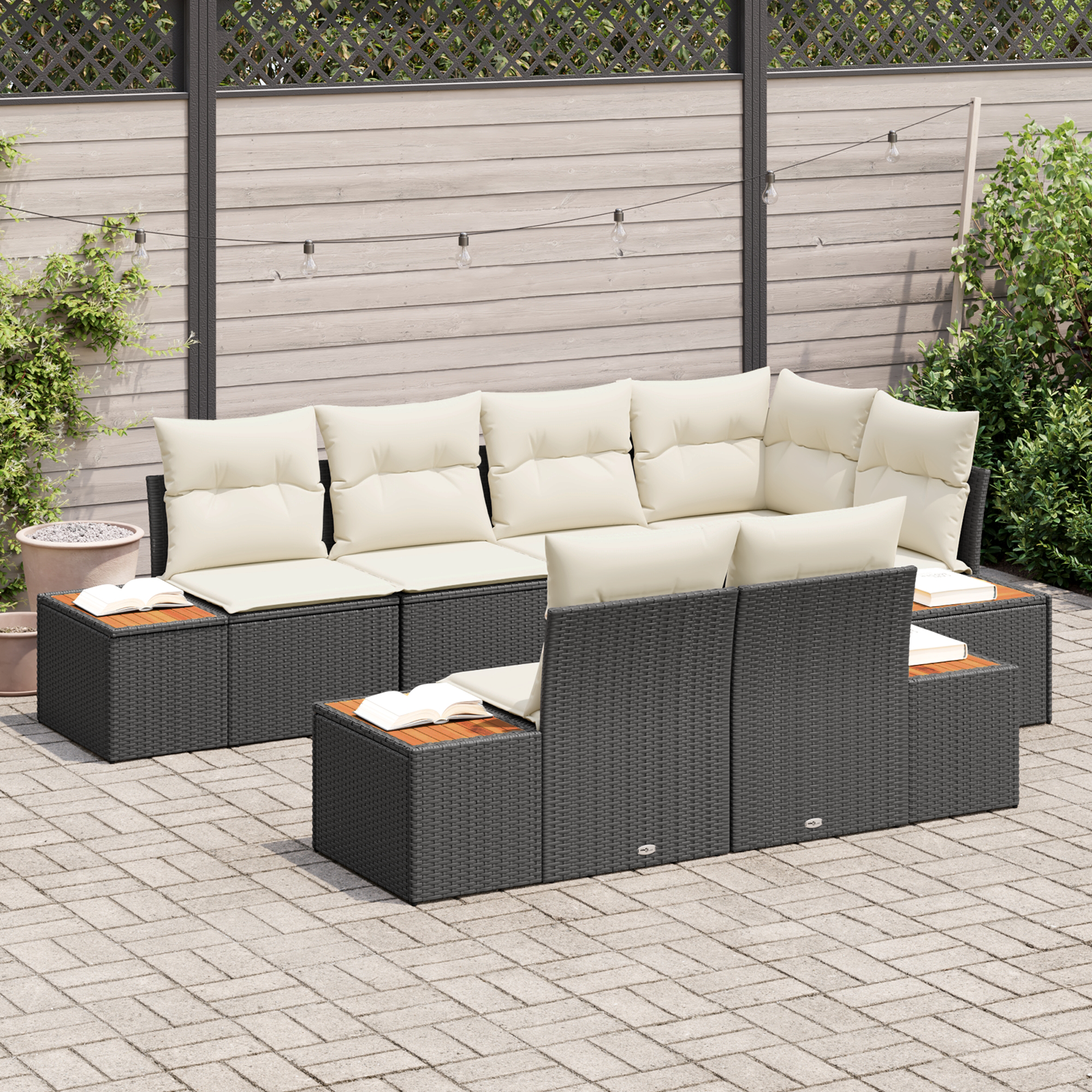 vidaXL 7-delige tuinbankset met kussens zwart poly rattan acacia