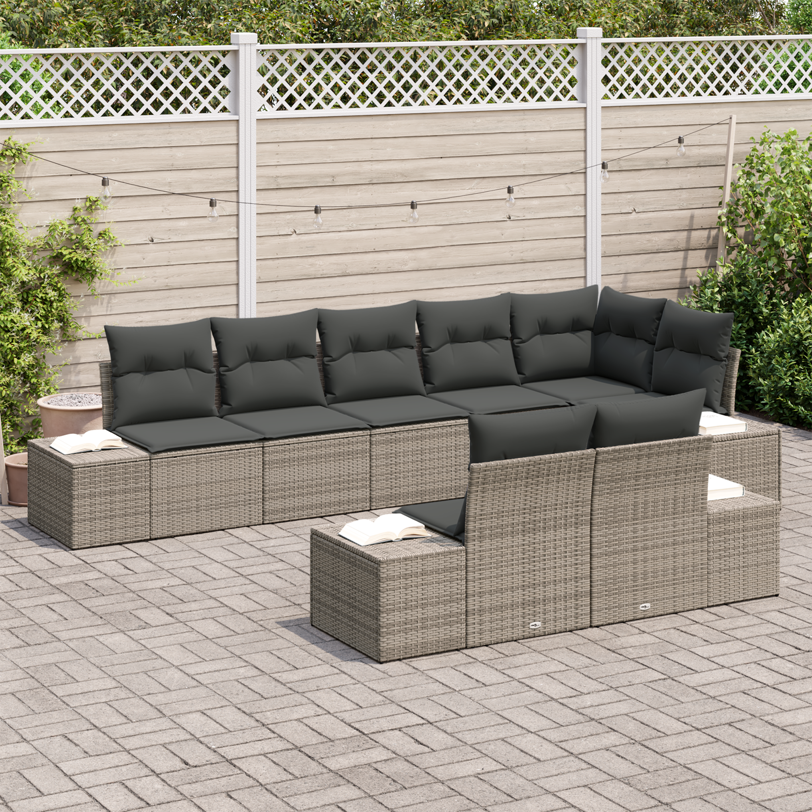 vidaXL 8-delige Tuinbankenset met kussens poly rattan grijs