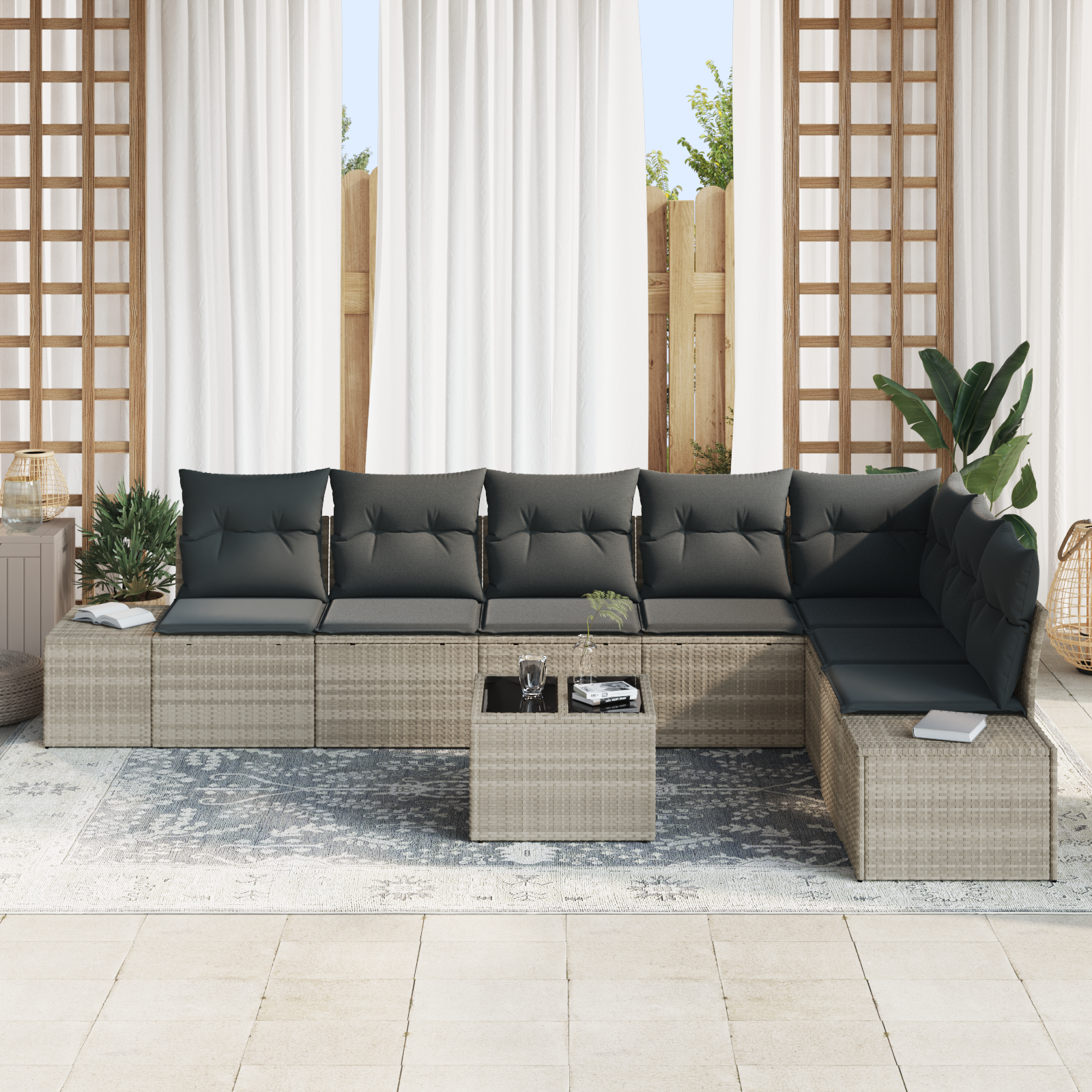 vidaXL 9-delige Tuinbankenset met kussens poly rattan lichtgrijs