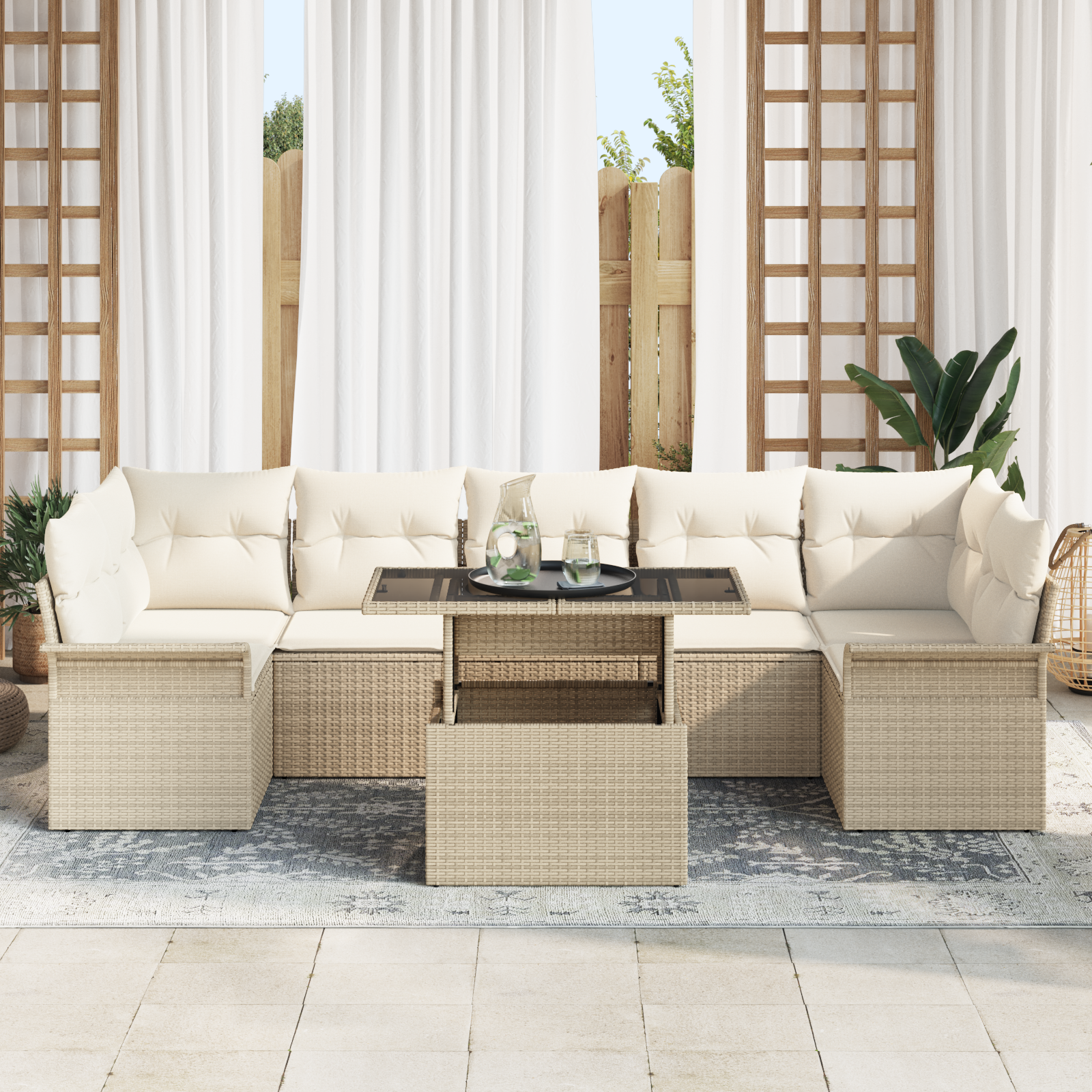 vidaXL 8-delige tuinset met kussens in beige poly rattan