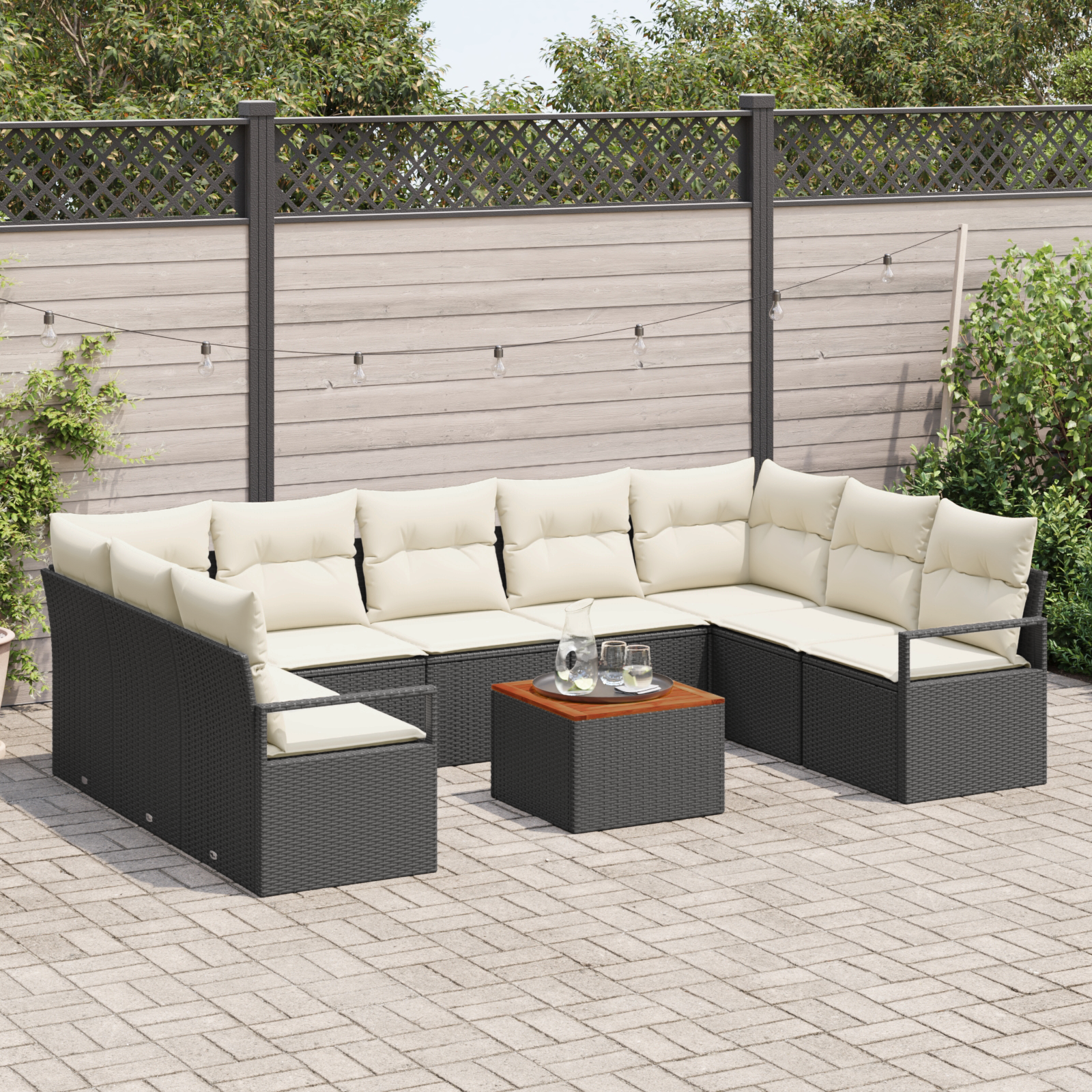 vidaXL 10-delige Tuin Sofa Set met Kussens Zwart Poly Rattan Acacia
