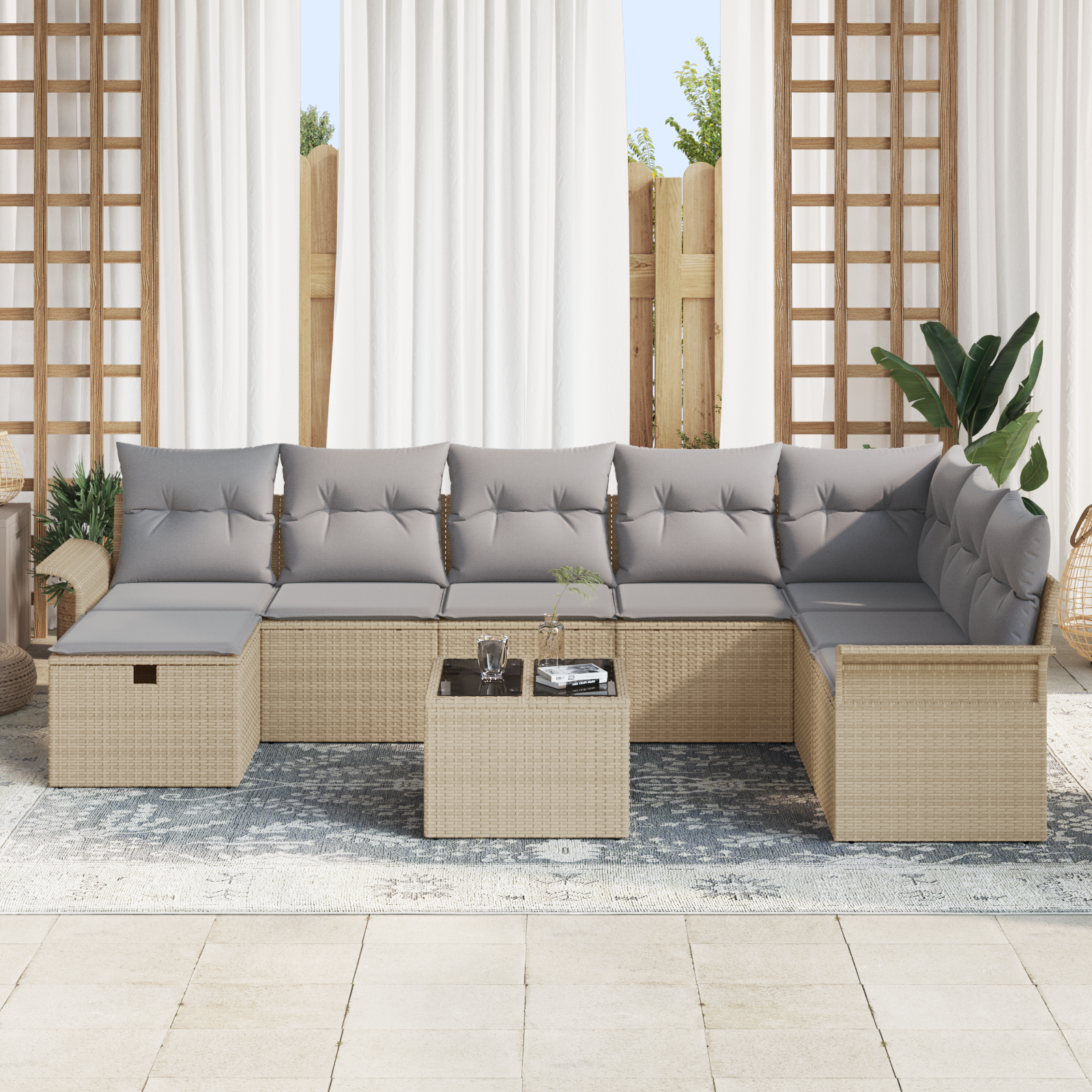 vidaXL 9-delige Tuinbankenset met kussens poly rattan beige