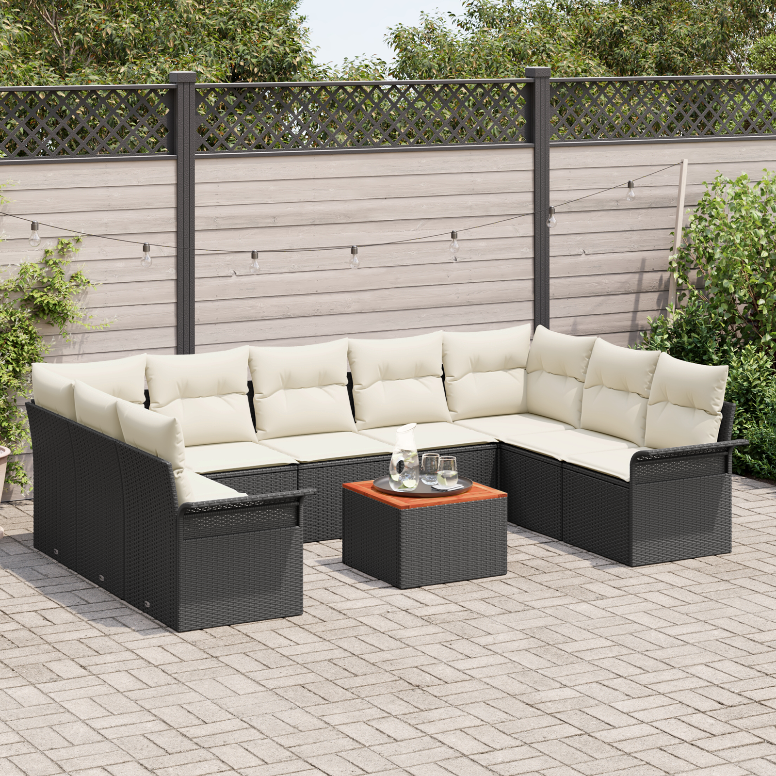 vidaXL 10-delige tuinsofa set met kussens zwart poly rattan acacia