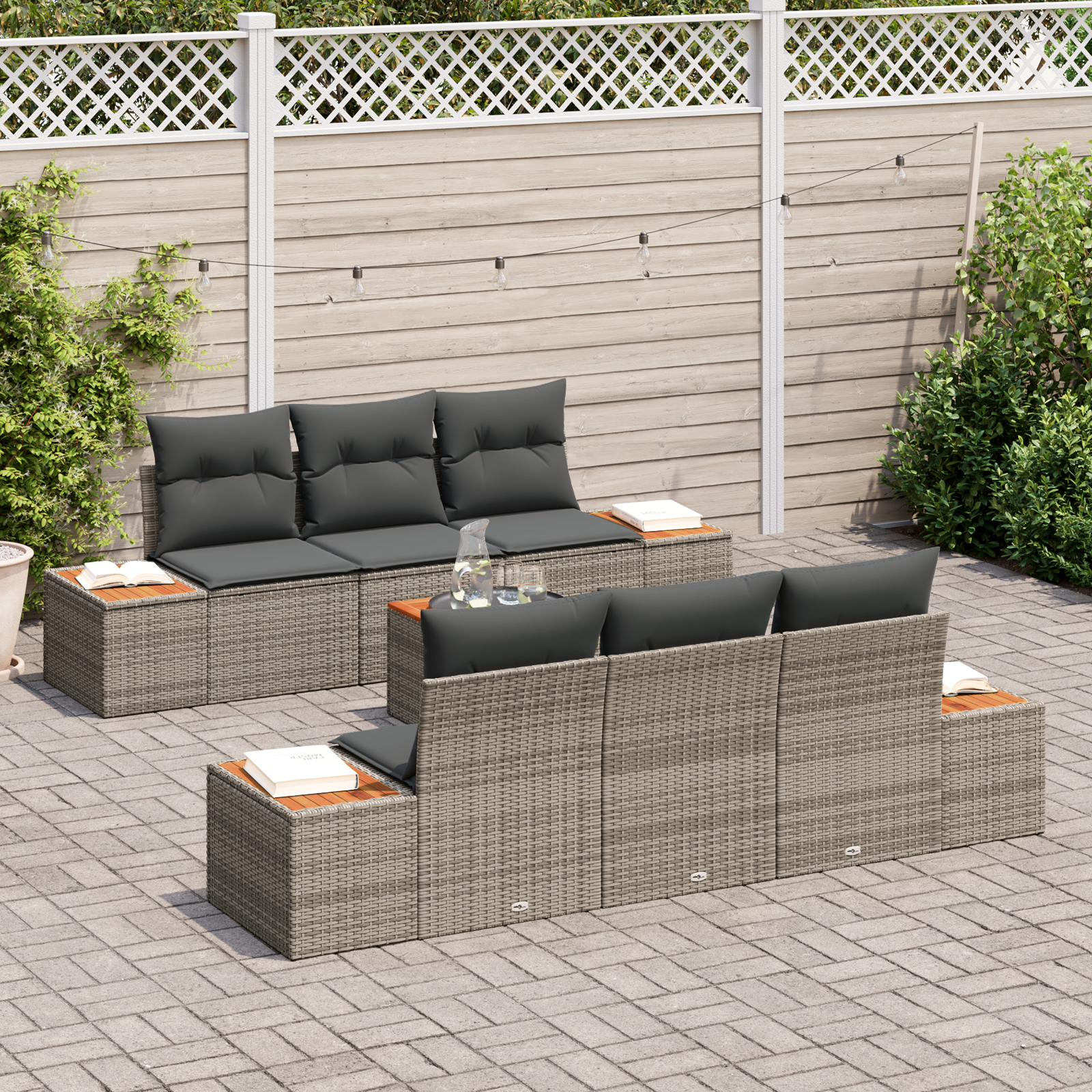 vidaXL 7-delige tuinbank set met kussens in grijs poly rattan en acaciahout