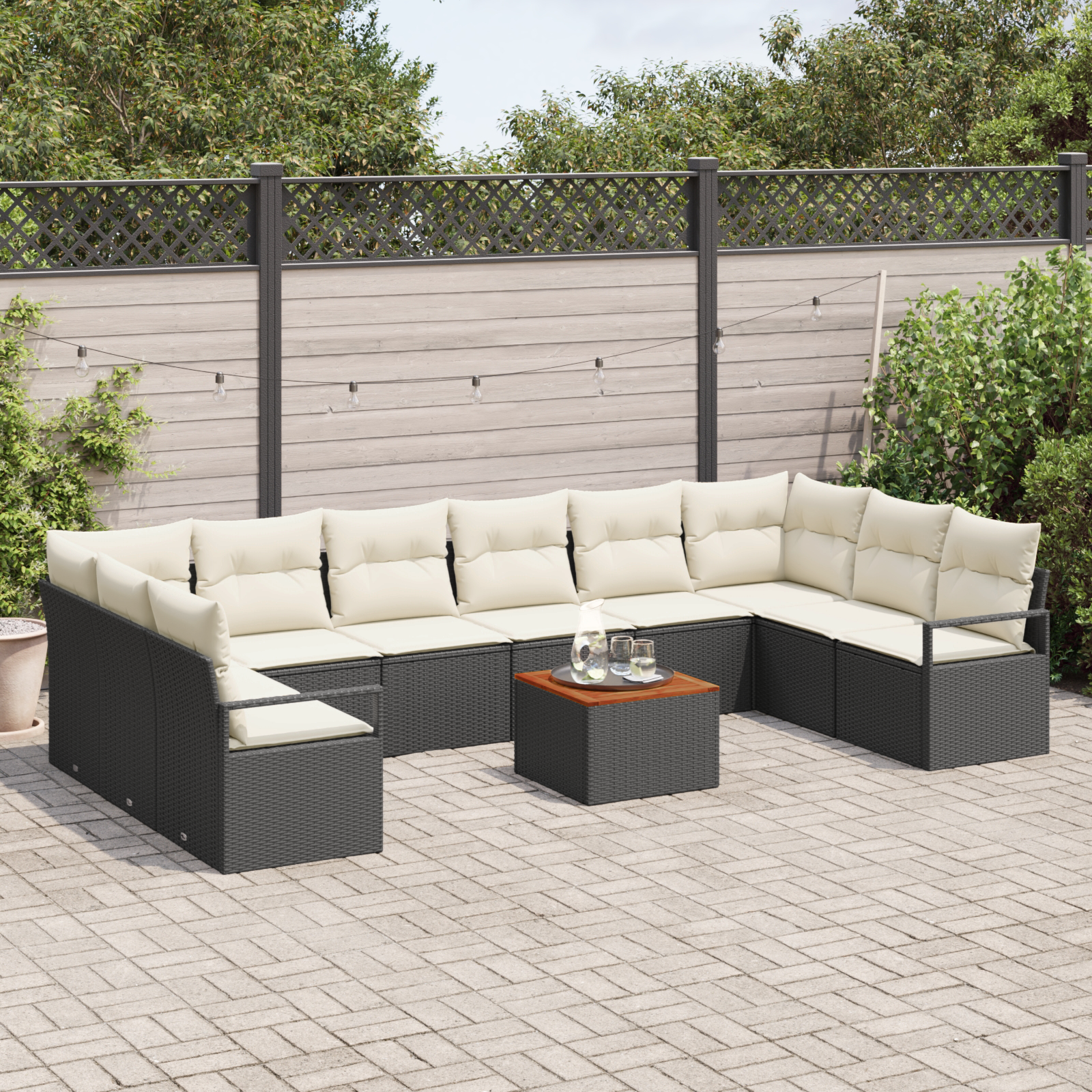 vidaXL 11-delige tuinset met kussens zwart poly rattan acacia