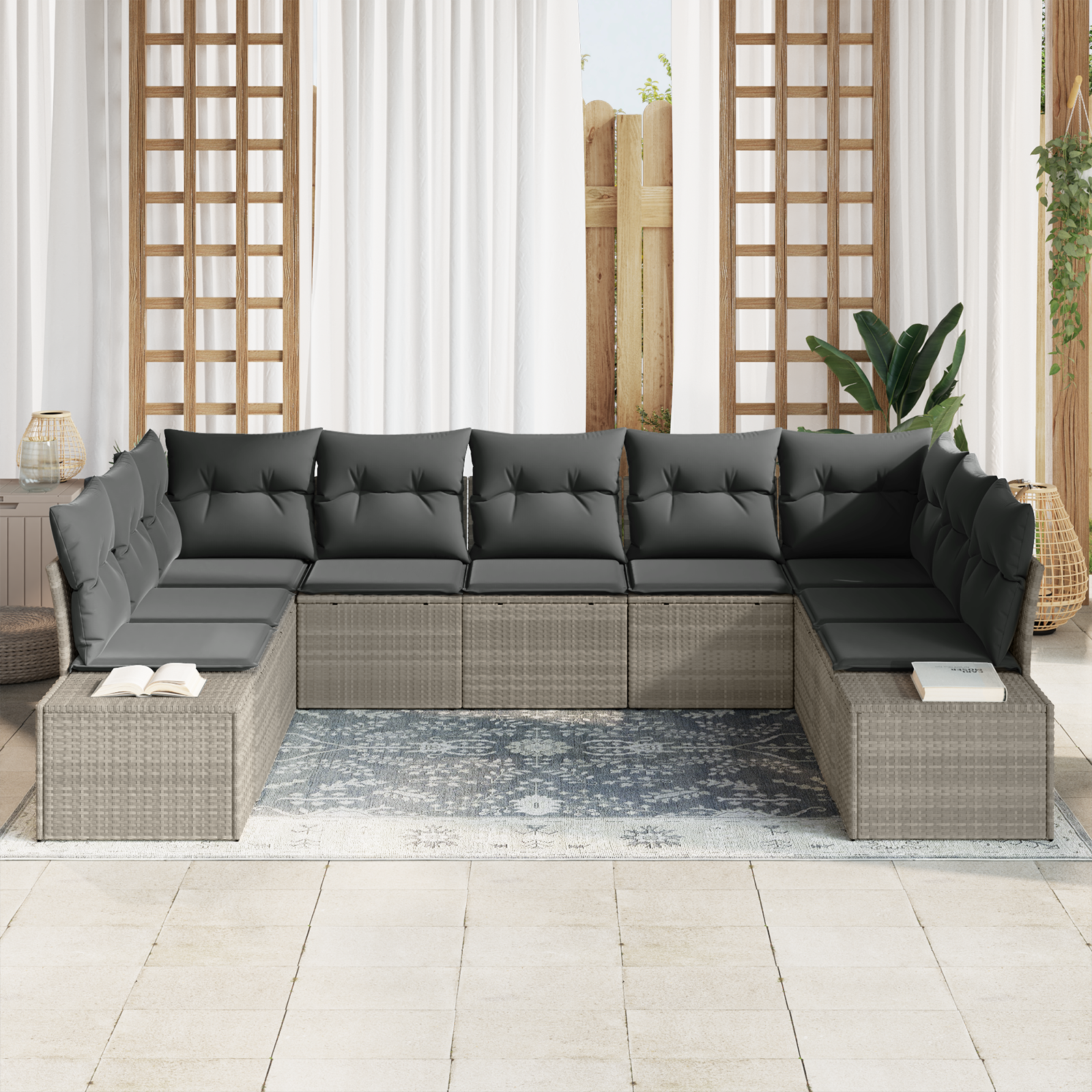 vidaXL 9-delige ligbedset met kussens - Lichtgrijs poly rattan