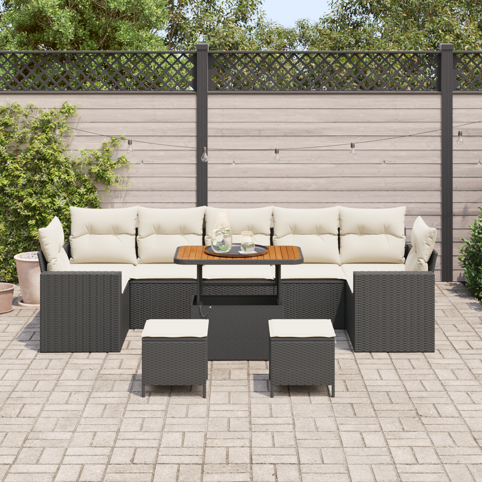 vidaXL 10-delige tuinset met kussens zwart poly riet acacia