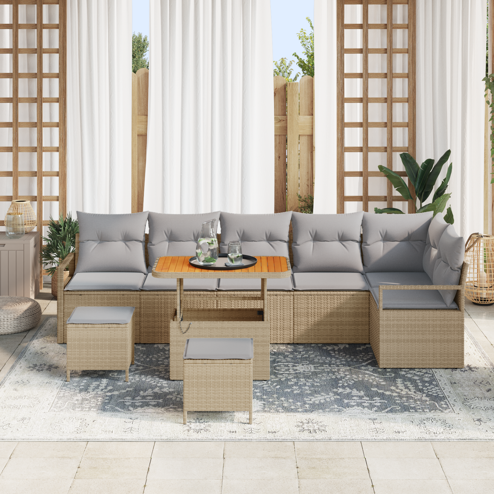 vidaXL 9-delige tuinbankset met kussens - beige poly rattan en acacia