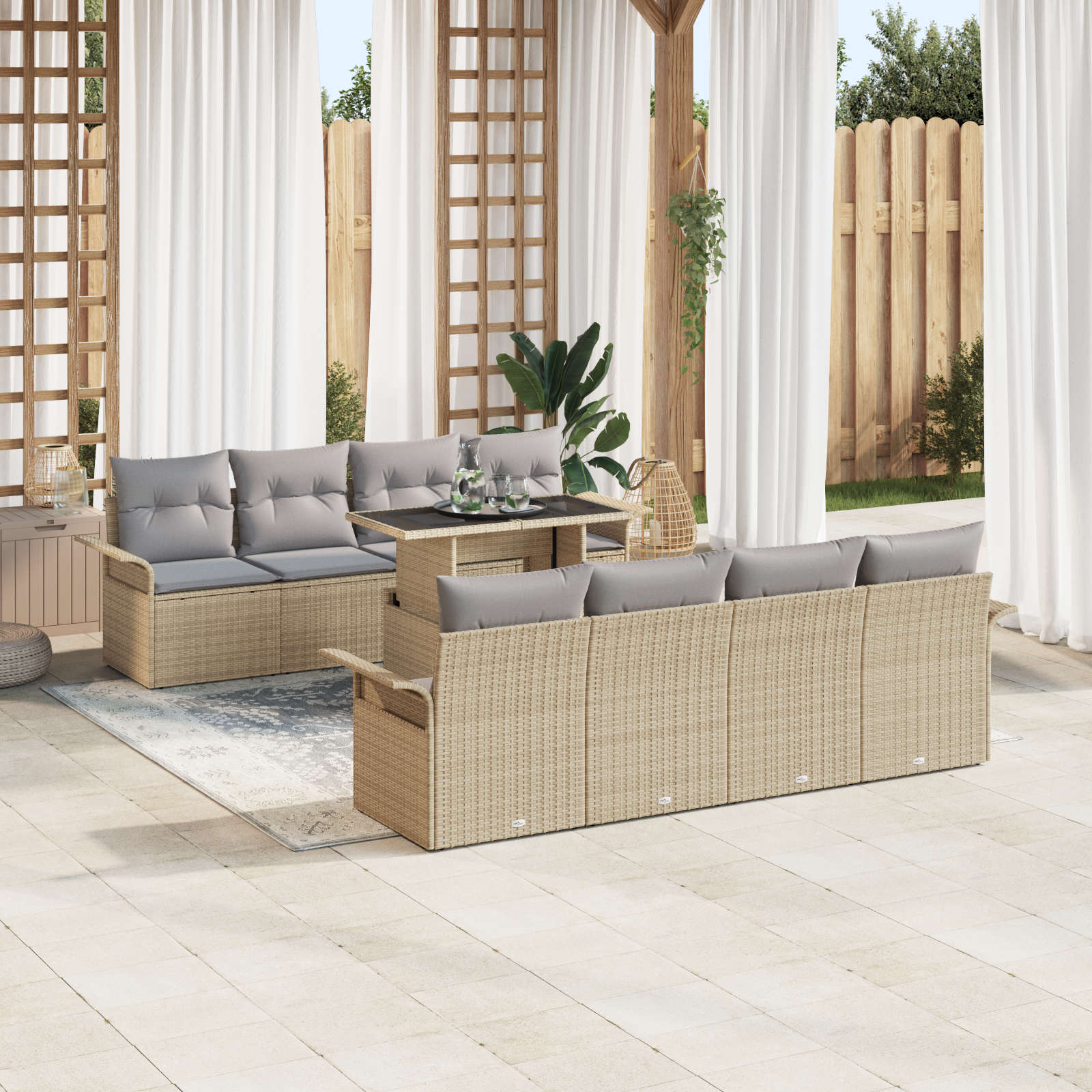 vidaXL 9-delige Tuinbankenset met kussens poly rattan beige