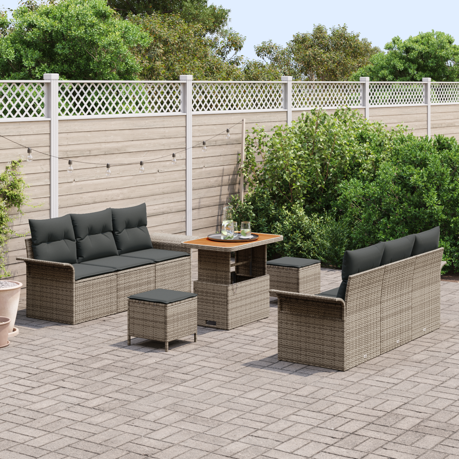 vidaXL 9-delige Tuinbankenset met kussens poly rattan acacia grijs