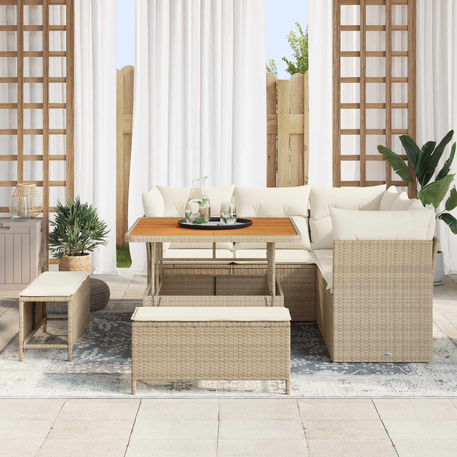 vidaXL 8-delige loungeset met kussens in beige van poly rattan en acacia